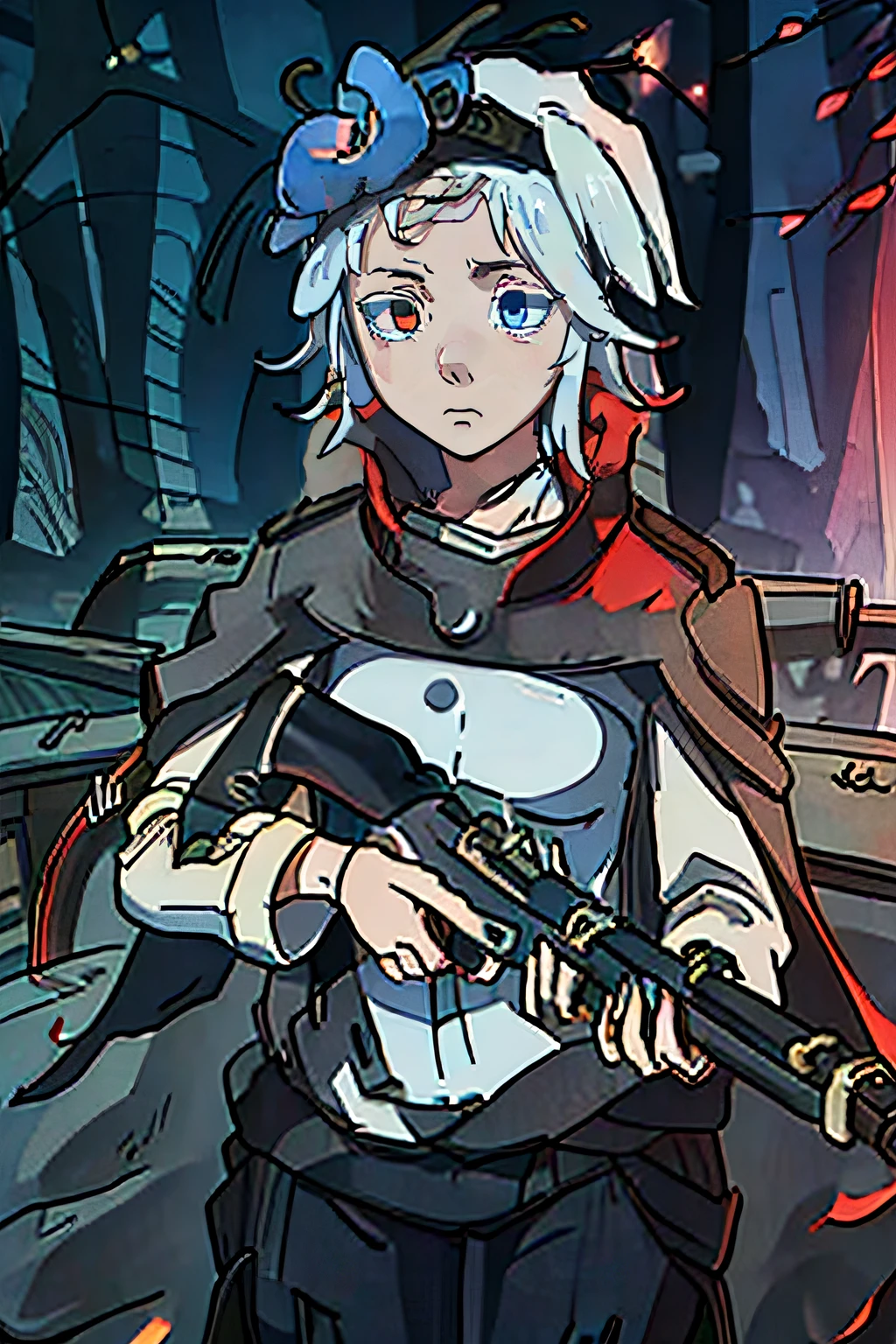 Fremy Speeddraw holding a long bolt action rifle over her shoulder, heterochromia, 1eye (blue), 2eye (red)