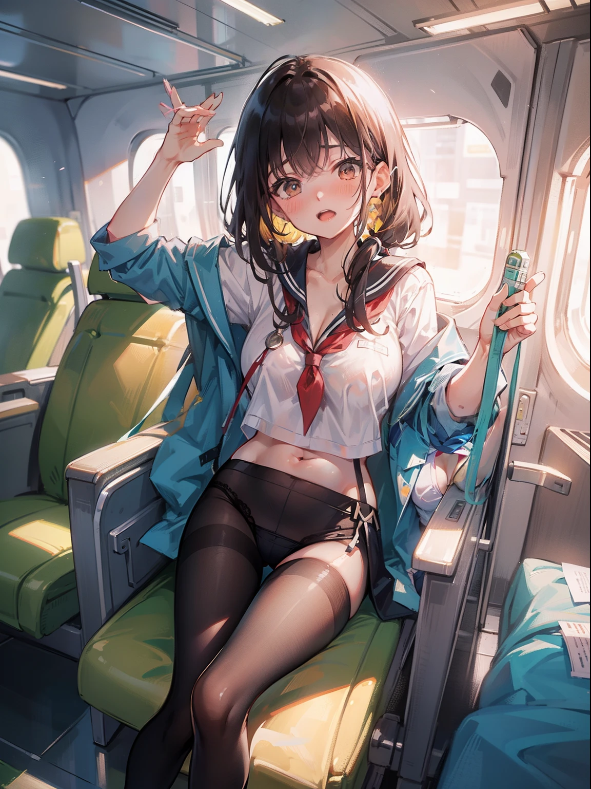 (Masterpiece), Best quality, beautiful detailed hair detailed face, 超高分辨率, Sharp focus, (Masterpiece:1.2, Best quality), 1girll, Solo, flight attendant, uniform, Planes, Service passengers, Providing safety instructions, Responding emergency, bangs, (Shiny skin:1.15),Expose lateral areola,Excretion of breast milk,grouchy,Sit flat,Stretch your feet,Close-up of the foot,sperm,Spring,The shape of the female genital organs is clearly visible,climaxing,Lace panties with desire for dissatisfaction,suspender stockings,cleavage,brassier,navel,Sexual suggestiveness,Loves,,lacepantyhose,Thin leg,Noodle figure,perspire,pantiess