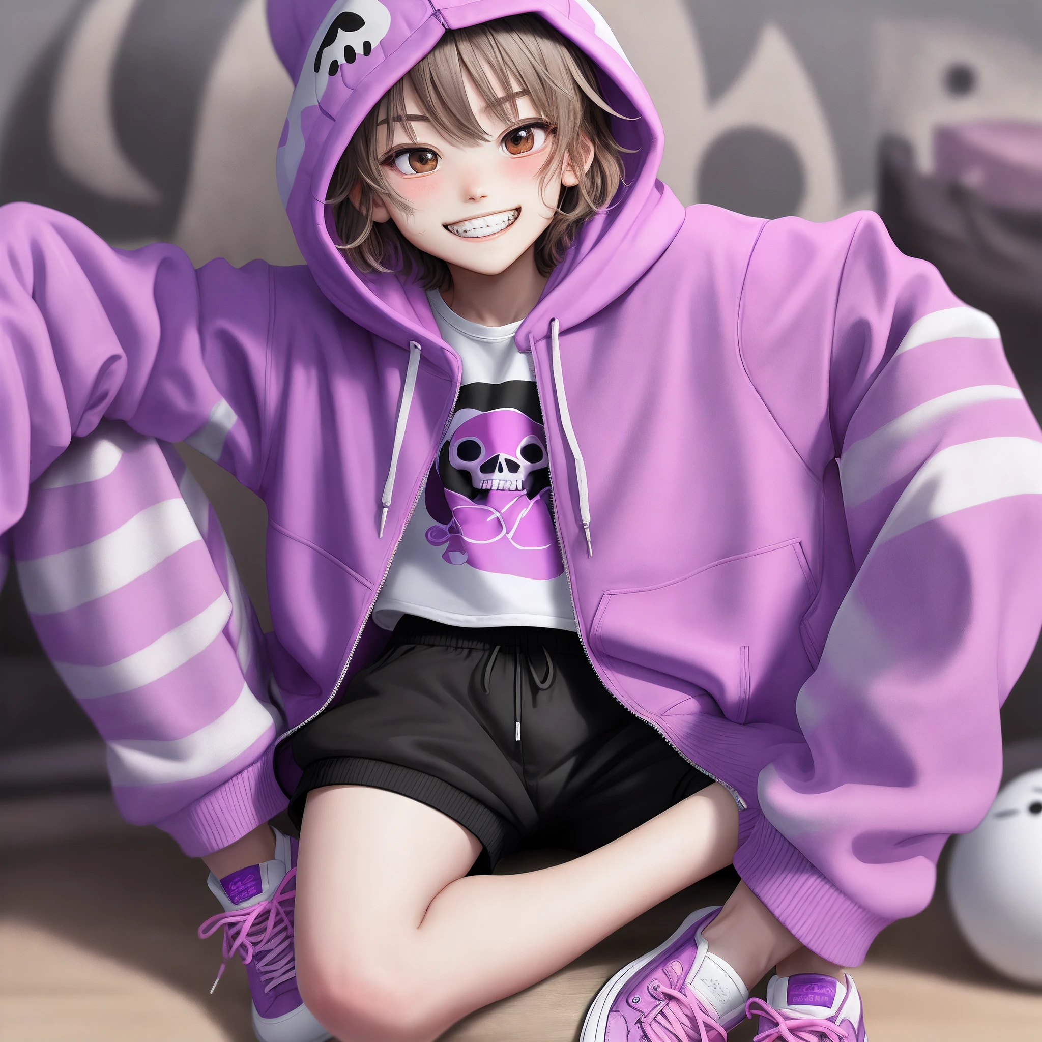Sans is a man with large eye sockets、Dwarf skeleton with straight teeth and a shallow smile。He wore a fuchsia hoodie that was pulled open、Pink sweater、Purple shorts with pink stripes and a pair of white and black sneakers