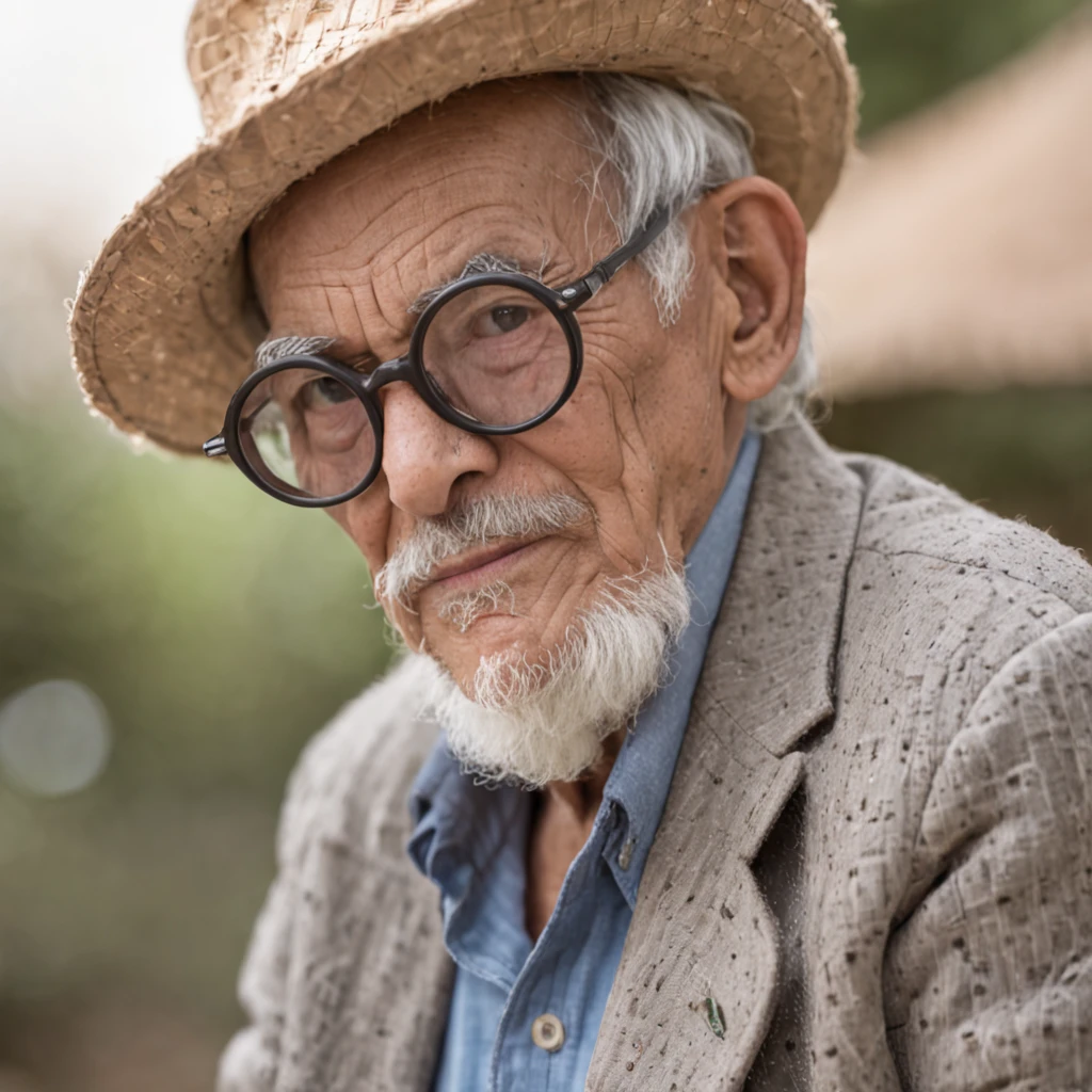 an old man with bigger big glasses, straw hat, com trajes sertanejos