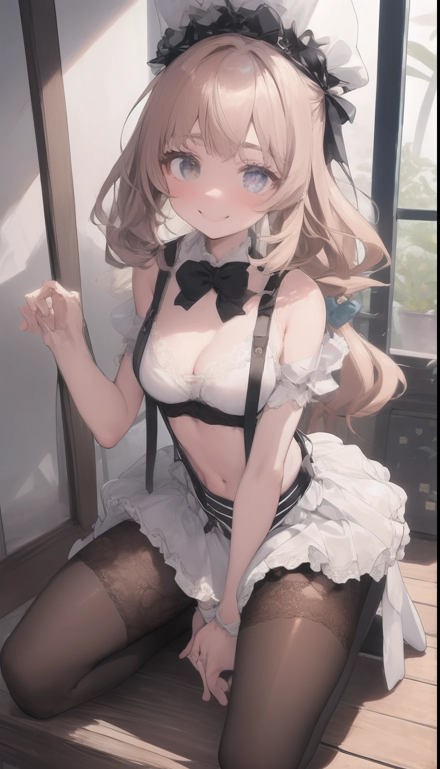 1girl in、A smile、A delightful!　The shirt、pleatedskirt、White skirt、（small tits）Squat board、Lace lace panties，suspender stockings，cleavage，brassier，navel，Sexual suggestiveness，Loves，，lacepantyhose，Thin leg，Noodle figure，perspire，pantiess