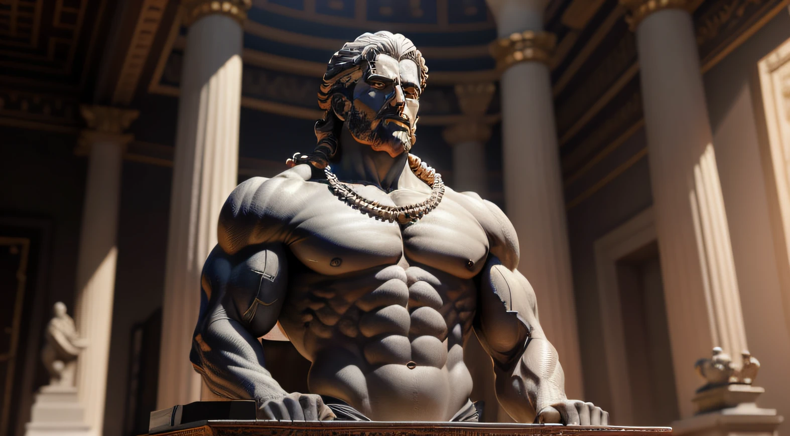 Stoic God Statue in a temple, very tied up with large muscles, postura estoica, deus grego, wisdom, cinematic sensation, preto e branco, ultra realistic, Ultra detailed and handmade in every aspect, Escuro, templo como pano de fundo