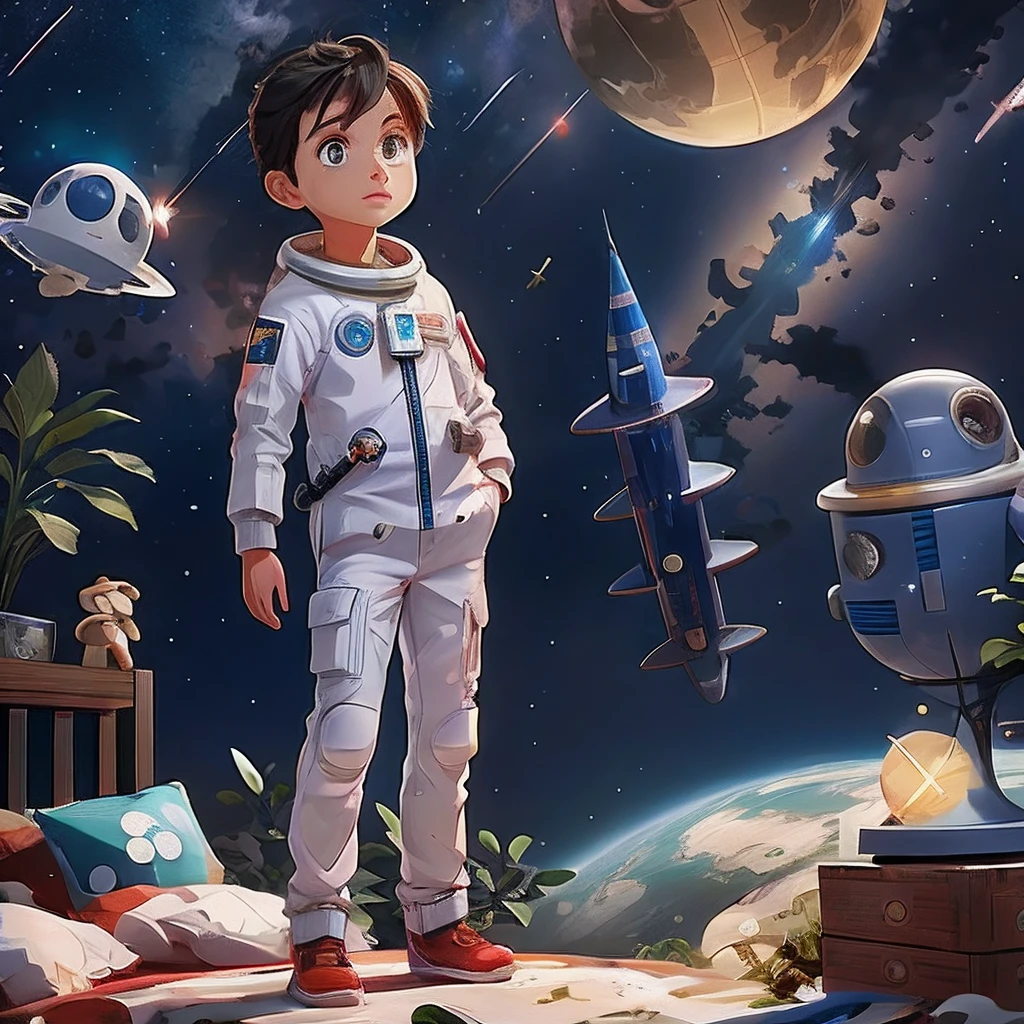 Anime boy standing in space themed room, Astro Boy's large-angle portrait, lonely astronaut, standing in outer space, Children's art on the art station, little astronaut looking up, beautiful detailed digital art, Detailed 2D illustration, In space, In outer space, Attached with a spacesuit, Single boy concept art, in the space