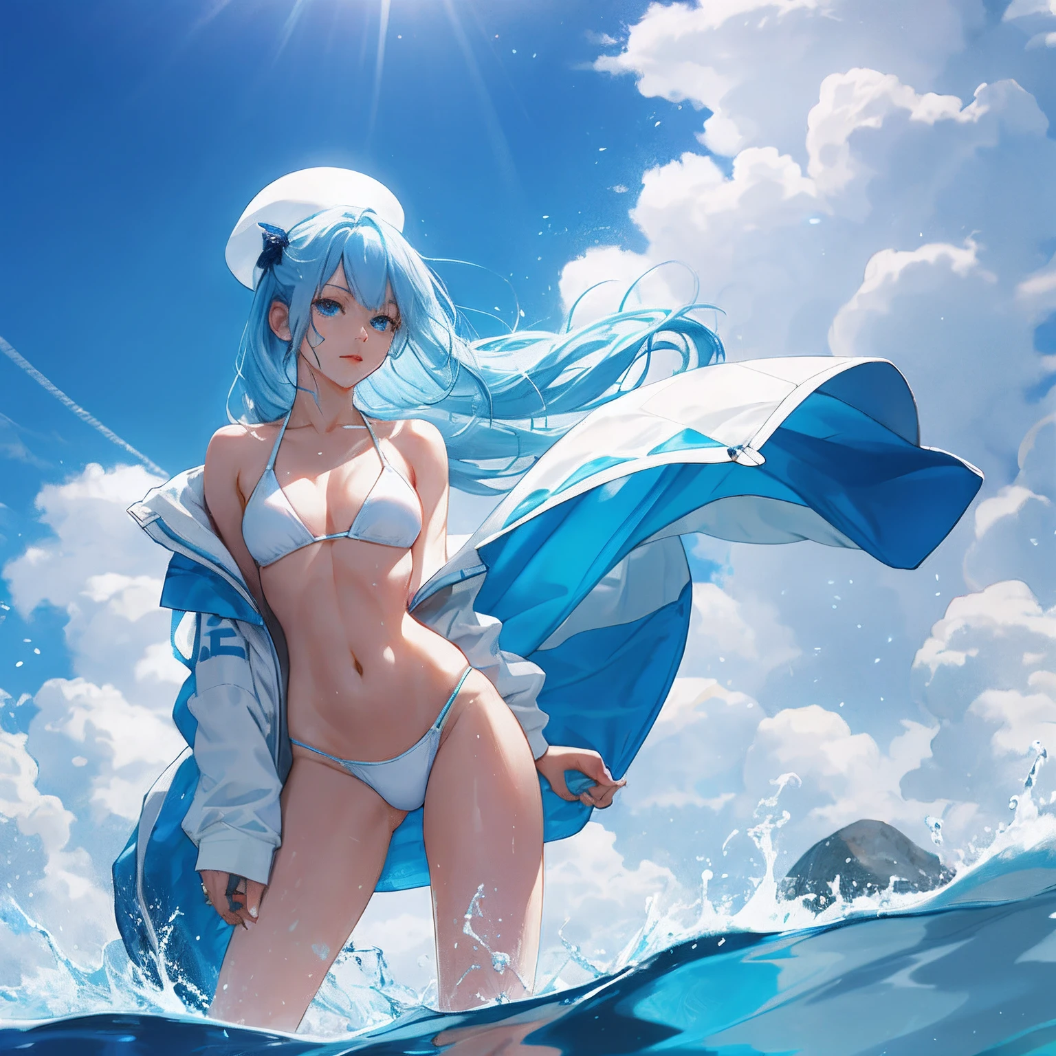 Kizi,8K bikini,blue hairs,white clothes,no brassiere,Wet clothes,1:3,Around 16 years old,blue colored eyes,Long legs,(((Erection through clothing)))),protrusions,The chest is large