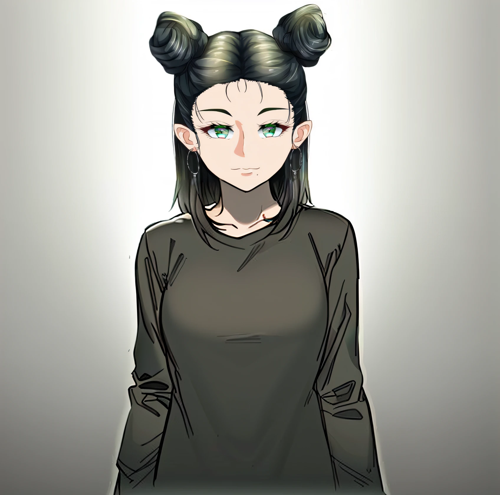(((masterpiece))), (((best quality))), ((ultra-detailed)), (highly detailed CG illustration), ((an extremely delicate and beautiful)),((Dark grayish brown t-shirt:1.5)), ((plain t-shirt:1.5)),((long sleeves:1.5)),(Casual T-shirt),(From a slight side angle), (The side of one arm is visible),(very loose T-shirt:1.2), (plain t-shirt), upper body,portrait of an anime girl, t-shirt,1girl, solo,Dark grayish hair, green eyes, looking at viewer,smiling,bad-girl,mature female, anime girl with twin bun hairstyle, ((double bun hair:1.3)), ((medium breasts))