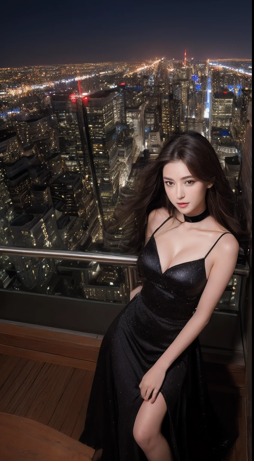 ((Midnight, Excellent, 8K, Masterpiece: 1.3)), Full body, Long legs, Focal length: 1.2, Perfect Body Beauty: 1.4, Slim Abs: 1.1, ((Dark Brown Hair, Big Breasts: 1.2 )), (Evening Dress, Standing: 1.2), ((City Night View, Roof: 1.3)), Highly detailed face and skin texture, Detailed eyes, Double eyelids