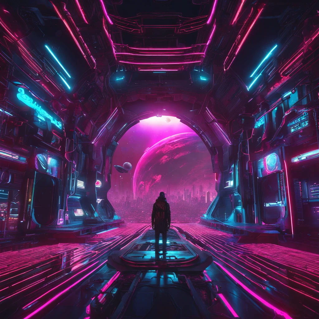 "Immerse yourself in a cyberpunk-inspired environment, A neon-lit world, Be captivated by the surreal sight of a ringed planet dominating the sky, Full of fascinating digital art."