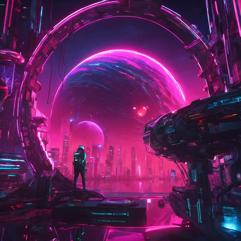 "Immerse yourself in a cyberpunk-inspired environment, A neon-lit world, Be captivated by the surreal sight of a ringed planet dominating the sky, Full of fascinating digital art."