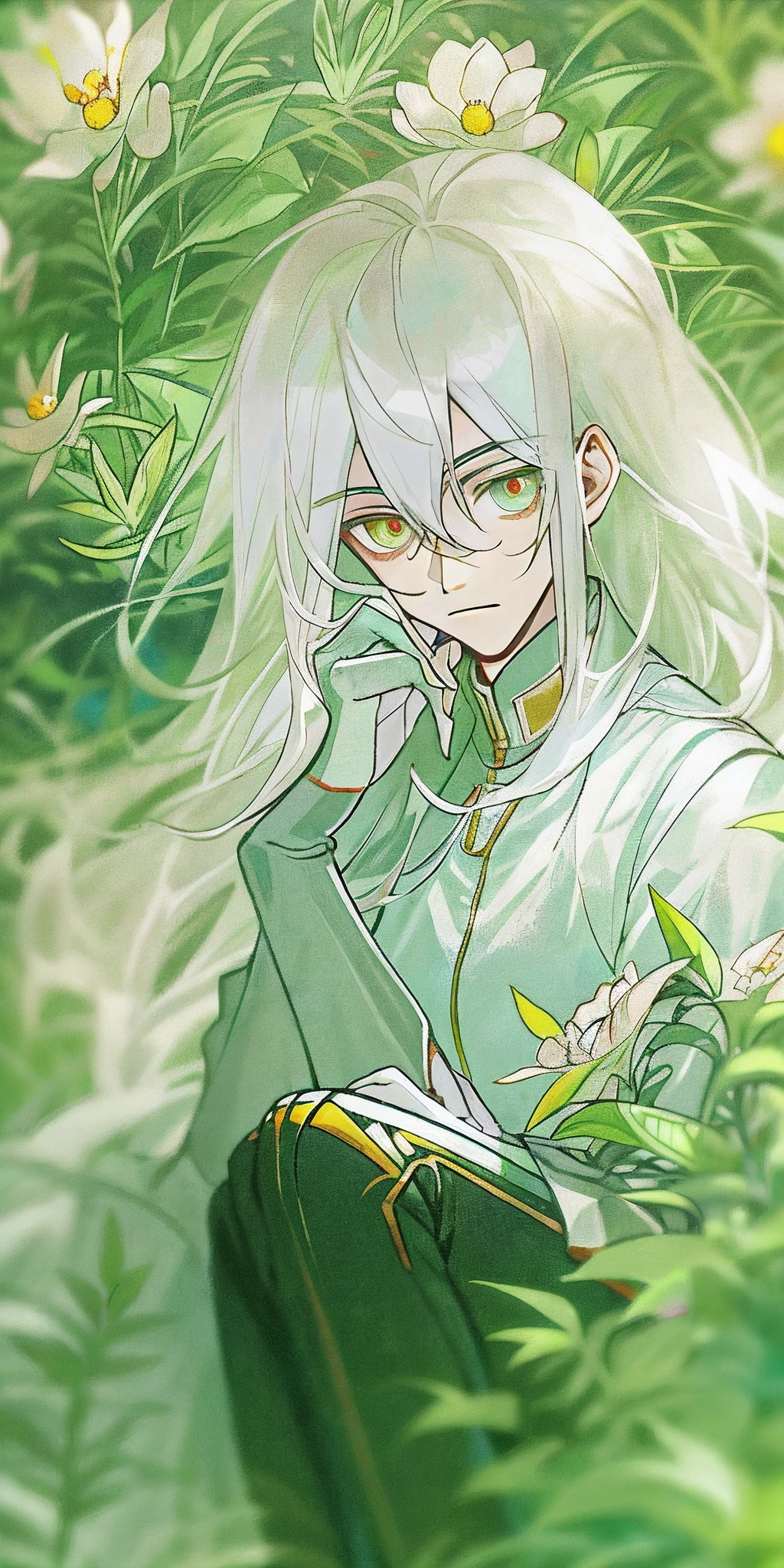 （tmasterpiece，best qualtiy）（Fifth personality: Joseph），1 European style boy with white hair sitting in a field of greenery and flowers，her hand under her chin，Colorful lighting，Slack suit，Blurred foreground，（Pale color tones）（ellegance）