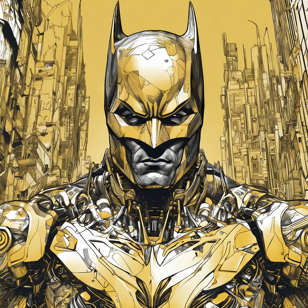 a Batman ultra detailed cybernetic armor yellow gold color. ::n_ desenho, Imperfection, baixa qualidade, boneco, jogo, anime, assinatura