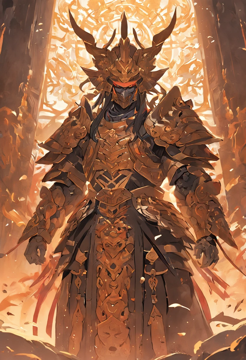 Guerrero, concept-art, author：Kishiganku, Fantasy art, Background of a Zen temple, clean render, United Nations, with armour, Detailed bushido forms smoke, helmet of a forgotten deity, character is standing, 8k realism, in game render, Detailed details of the face background, Art Station homepage, taur, Pseudo-medieval fantasy, A deity wearing koi armor, detailed bronze armor, Bronze armor, Engraved with gold armor, gold obsidian armor, Light gold armor, Gorgeous filigree armor, A demonic warrior, Gorgeous armor full of thorns, Assasin's intricate armor, Intricate metal armor, Guerrero is intimidating, Dressed in gorgeous gold armor，Decorated with intricate patterns, Helmet with a large crown and two horns, Everything against darkness, The smoky background hints at battle scenes, The man who gave him an ominous aura