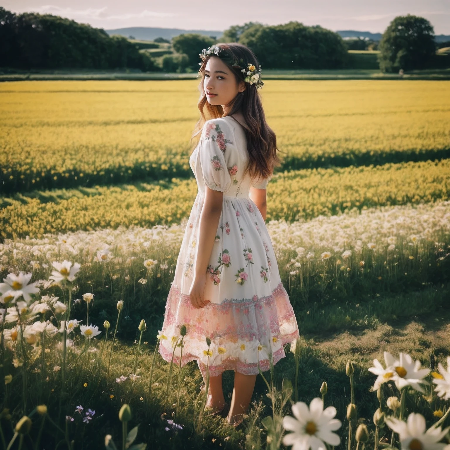 arafed woman in a field of flowers with a flower crown, standing in a flower field, girl standing in flower field, girl standing in a flower field, standing in flower field, in a field of flowers, standing in a field with flowers, girl in a flower field, girl walking in a flower field, girl walking in flower field, woman standing in flower field