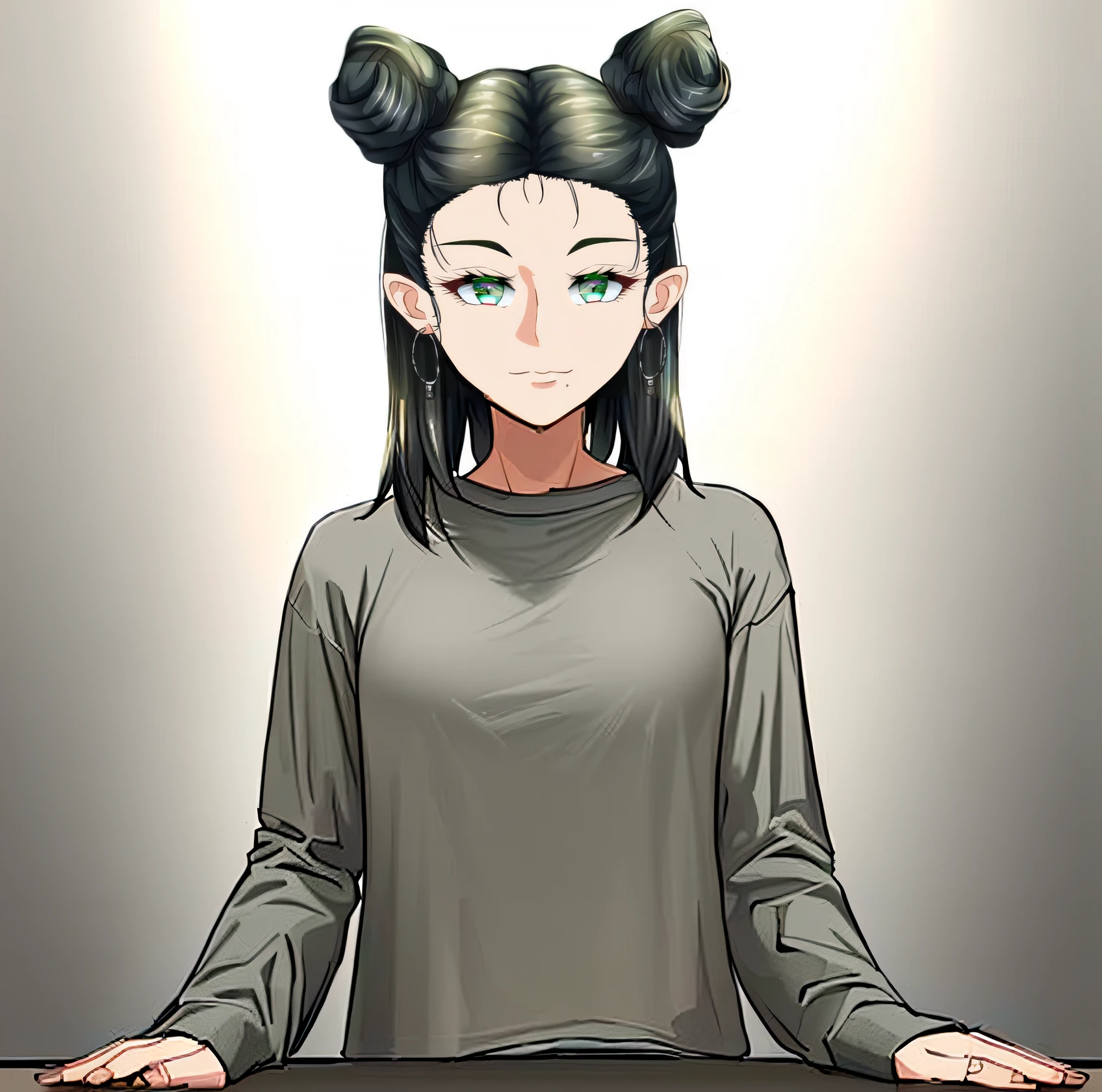 (((masterpiece))), (((best quality))), ((ultra-detailed)), (highly detailed CG illustration), ((an extremely delicate and beautiful)),((Very Dark taupe with grayish hints t-shirt:1.5)),((Dark gray t-shirt:1.3)), ((plain t-shirt:1.5)),((long sleeves:1.5)),(Casual T-shirt),(From a slight side angle), (The side of one arm is visible),(very loose T-shirt:1.2), (plain t-shirt), upper body,portrait of an anime girl, t-shirt,1girl, solo,Dark grayish hair, green eyes, looking at viewer,smiling,bad-girl,mature female, anime girl with twin bun hairstyle, ((double bun hair:1.3)), ((medium breasts))