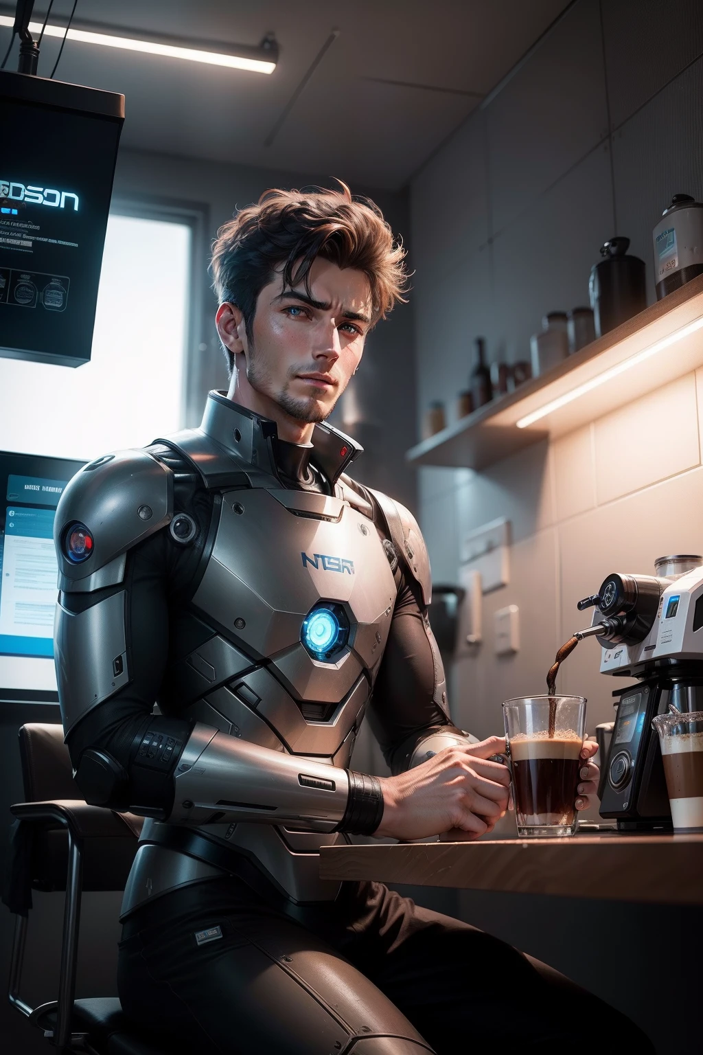Hendsome man near robot-coffe machine
