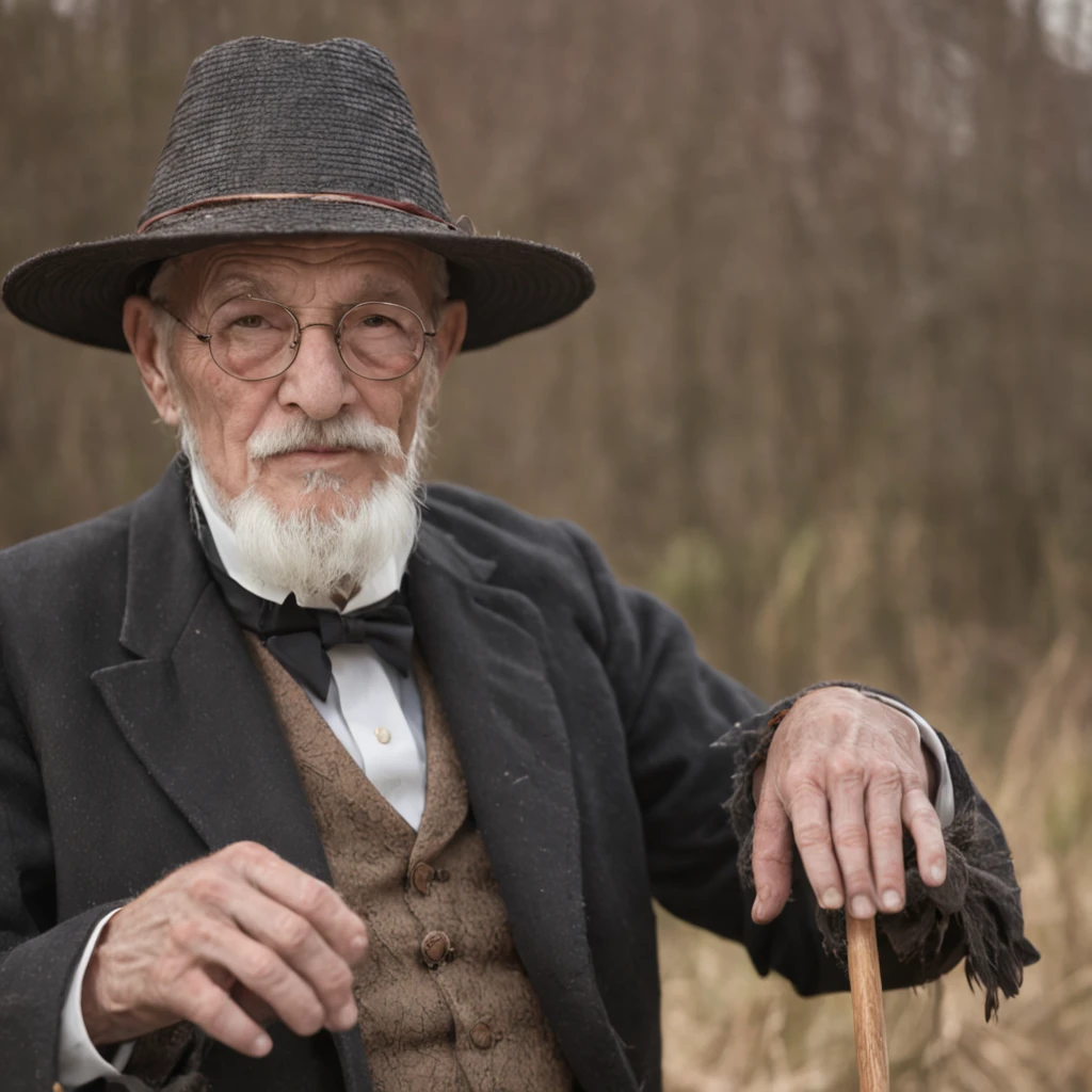 an old man with bigger big glasses, straw hat, with country costumes in a Gothic setting