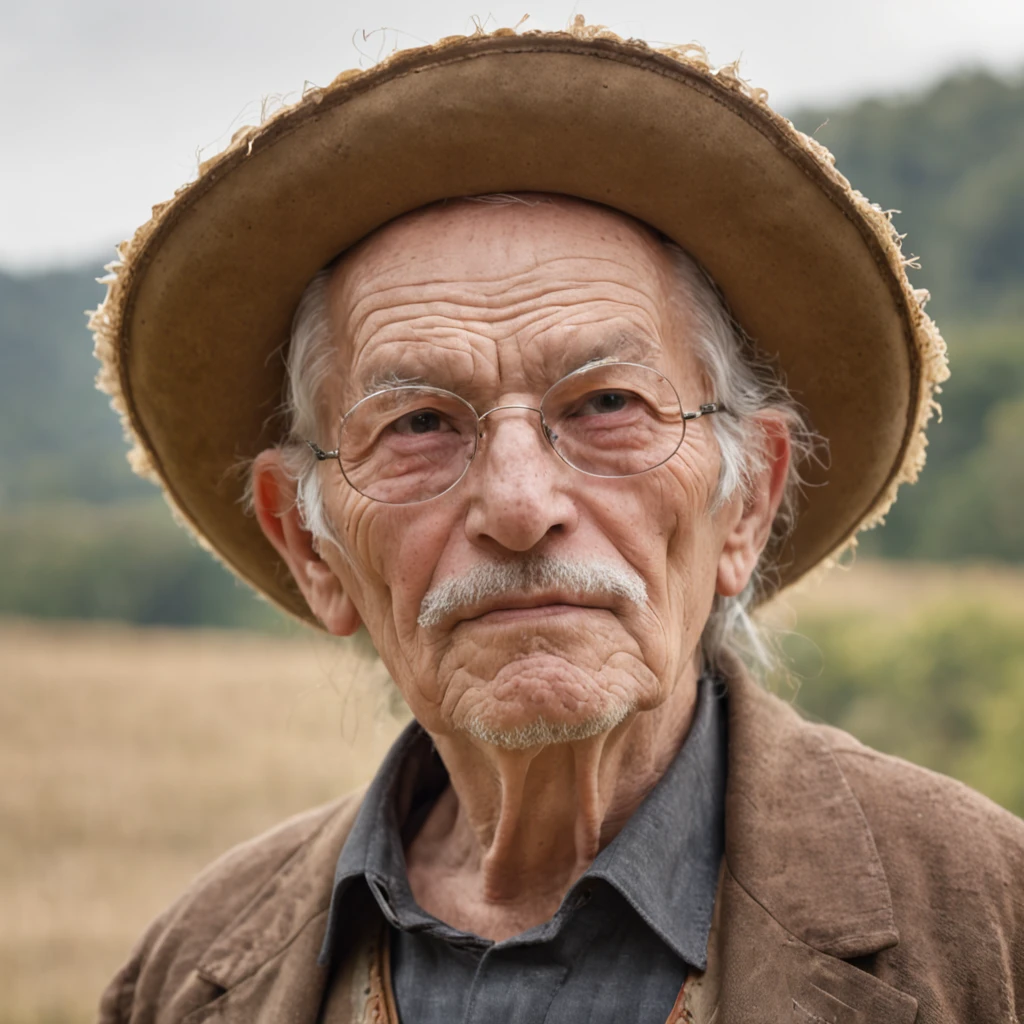 an old man with bigger big glasses, straw hat, with country costumes in a Gothic setting