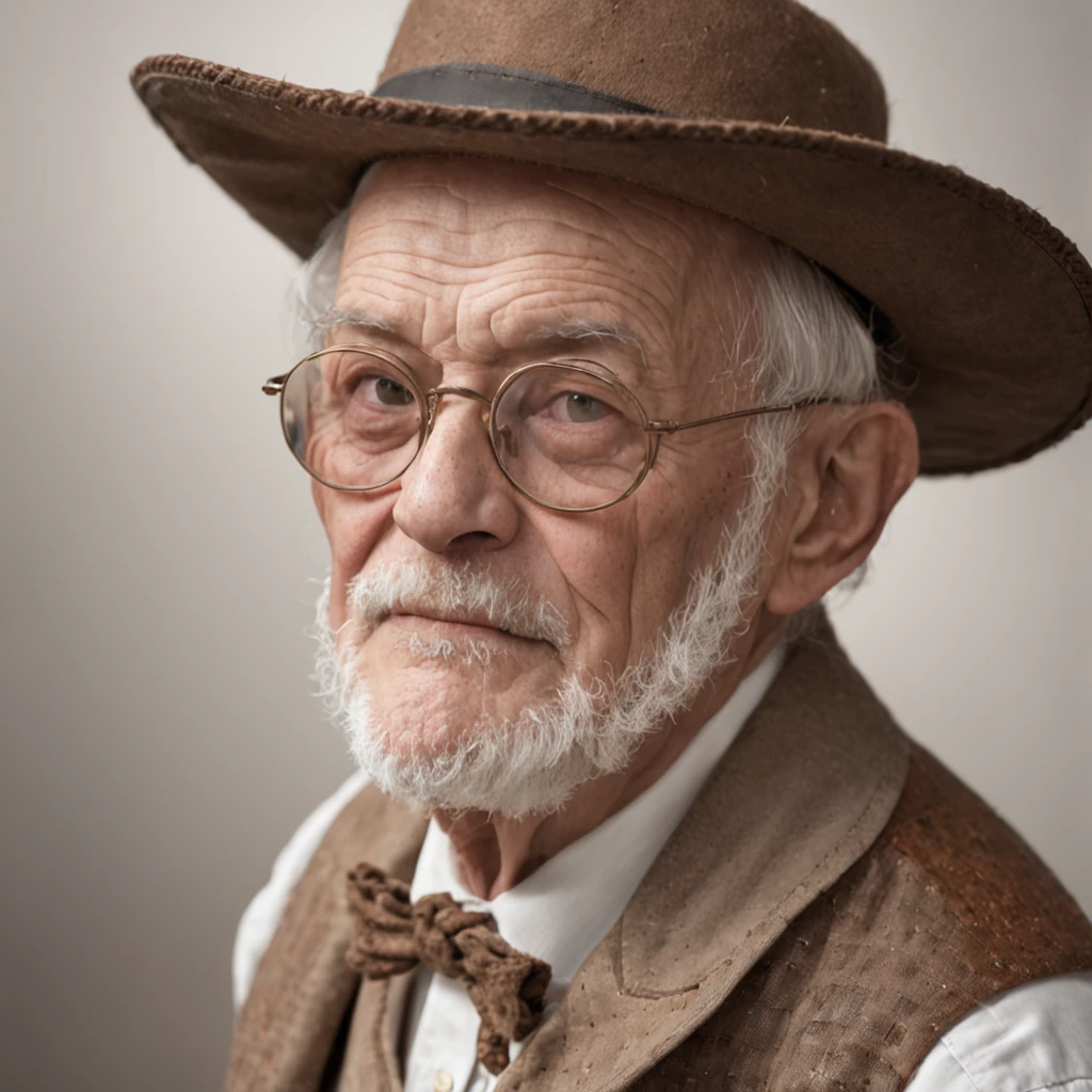 an old man with bigger big glasses, straw hat, with country costumes in a Gothic setting