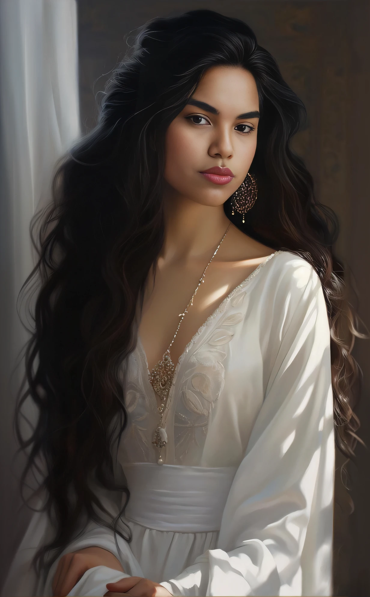 um close up de uma mulher com cabelos longos usando um vestido branco, No estilo de Charlie Bowater, Estilo de Charlie Bowater, em estilo de wlop, mulher linda, pintura digital elegante, inspirado em Charlie Bowater, wlop intrincado, lindo pintura digital, long flowing dark hair, uma mulher bonita no branco, cabelo preto longo detalhado, lindo retrato