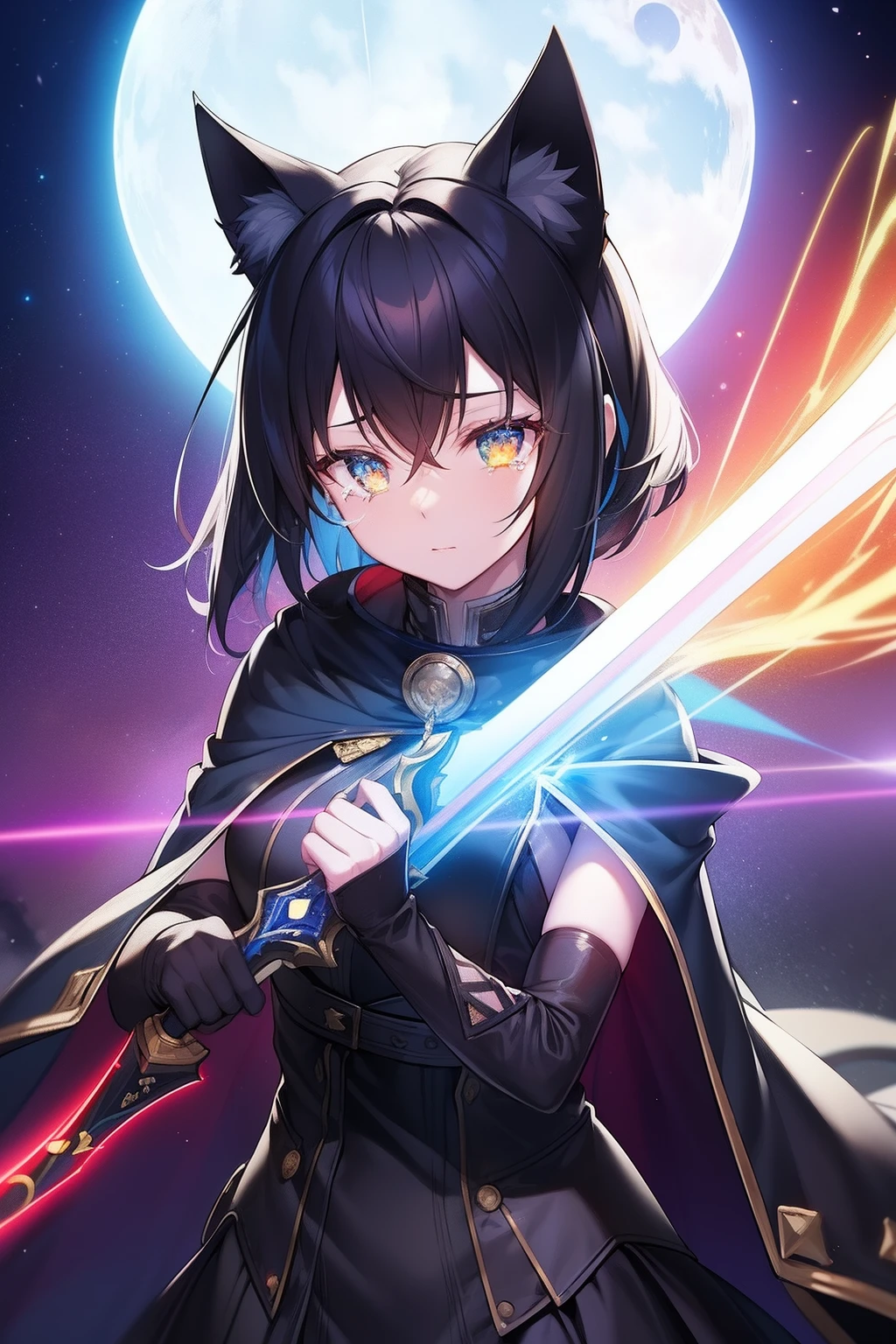 Cat's ears,hair is black and short,Goggles shine on her head,Her skin is pale, A blade of light enveloped me like a snake in interstellar wind,Unleash the Blade of Light, Highest Quality, Carry a red cloak with war maiden decorations,Raise the Devil's Rainbow Sword, ((sad))((Big tears)), 8 Blue Light Sword,Blade of Light,Lens Flare, Big rainbow,The moon shines,Star chips, bloom, ((Flame glow)), chromatic abberation], Digital Painting, Insane details, Intricate details, Beautifully color graded, Unreal Engine, Cinematic , colour grading, Editorial Photography , Photography, Photo Shot, Shot on 70mm lens, depth of fields, degrees of freedom, Tilt Blur, Shutter Speed 1/1000, h/22