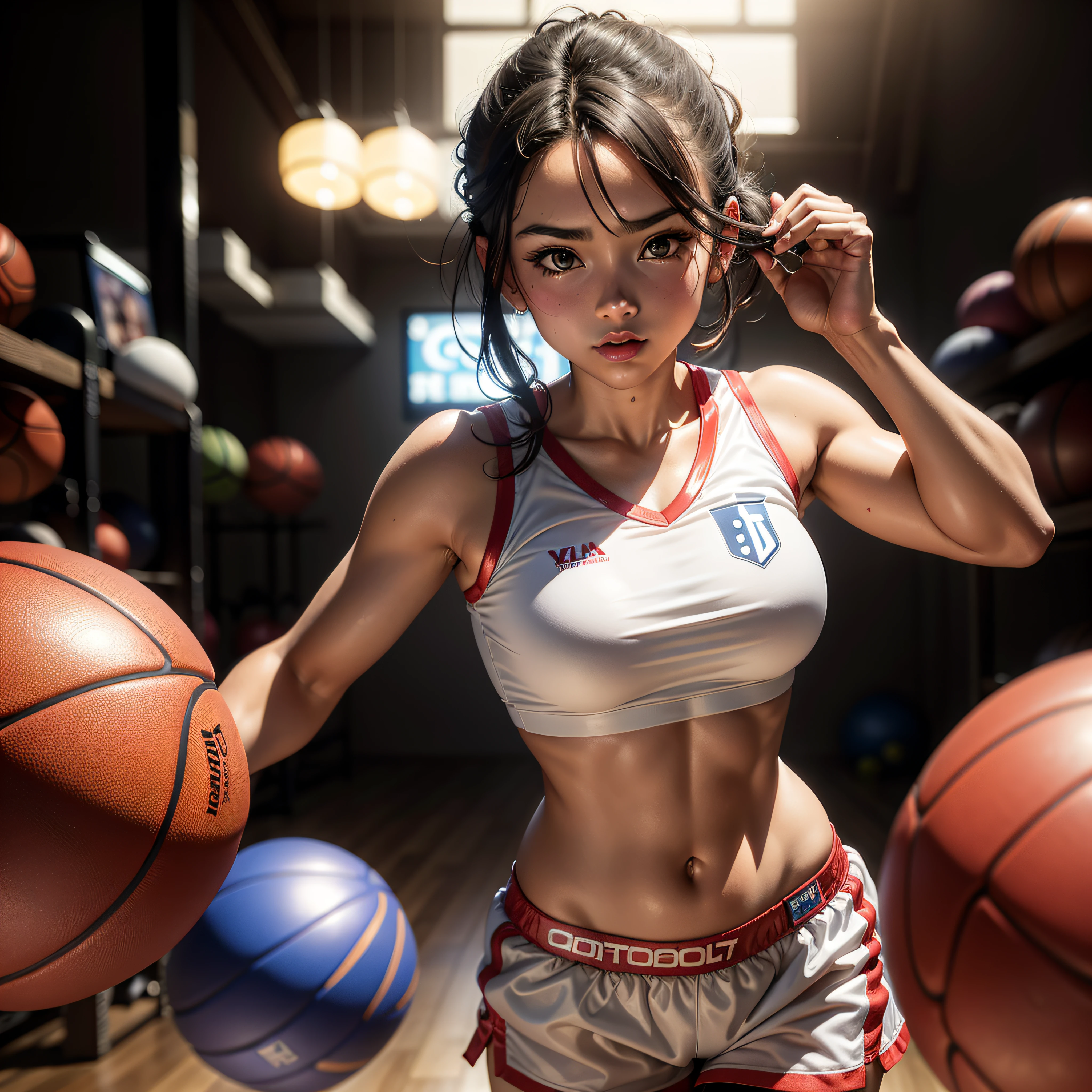 (Fotos RAW,4k,tmasterpiece,alta resolução,muito intrincado)(realista:1.4),Delicate girl illuminating facial features in a movie 1 Girls, sole focus, Corpo inteiro como,Summer noon, (Jogando o basquete),Pose de basquete,termografia, ANOS 1990\(Estilos\),pele branca,(Peito grande,clivagem), (melhor qualidade), (alta resolução), (extremamente delicado e bonito),,(Rosto bonito 8k),(olhos castanhos),(ULZZANG-6500:1.0),(seios grandes),(NFFSW),(Roupas esportivas de basquete),((jogar basquetebol)),((dingy gym)),((velocidade)),(realidade),(Chiayi:1.5), clivagem em close-up, tmasterpiece, melhor qualidade, Fotogr RAW, realista, Rostos, res incrivelmente absurdos, Buatigarh, adolable, cabelo curto e detalhado, profundidade de campos, alta resolução, Ultra - Detalhado, finedetail, very much, Mysterious, Christmas, Glam Rock, GoPro view, Simulation, Motion blur, Performance, chintzy colors, Medieval, moon lighting, 8-bit --ar 1:1