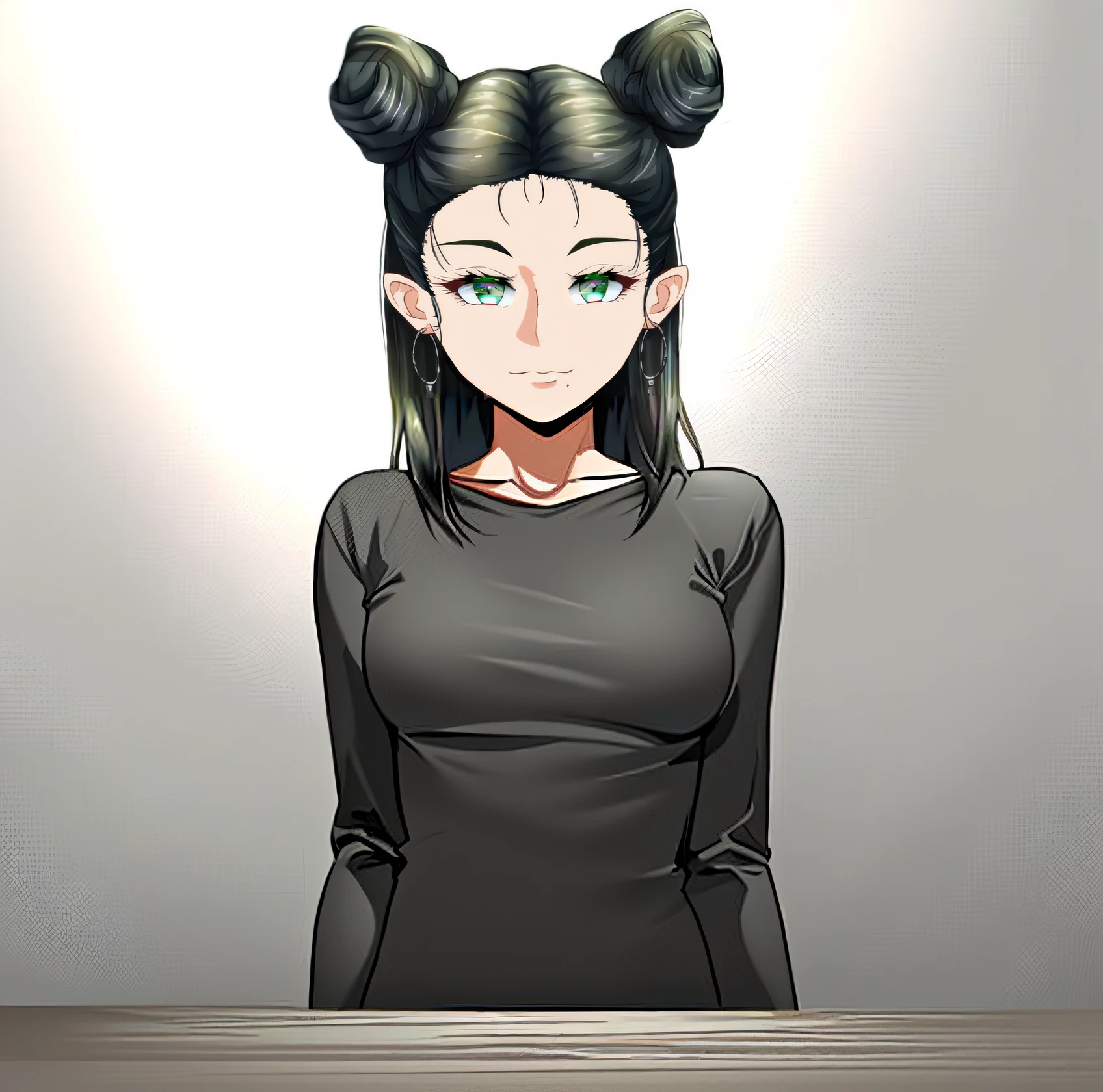 (((masterpiece))), (((best quality))), ((ultra-detailed)), (highly detailed CG illustration), ((an extremely delicate and beautiful)),((Dark gray t-shirt:1.5)), ((plain t-shirt:1.5)),((long sleeves:1.5)),(Casual T-shirt),(From a slight side angle), (The side of one arm is visible),(very loose T-shirt:1.2), (plain t-shirt), upper body,portrait of an anime girl, t-shirt,1girl, solo,Dark grayish hair, green eyes, looking at viewer,smiling,bad-girl,mature female, anime girl with twin bun hairstyle, ((double bun hair:1.3)), ((medium breasts))