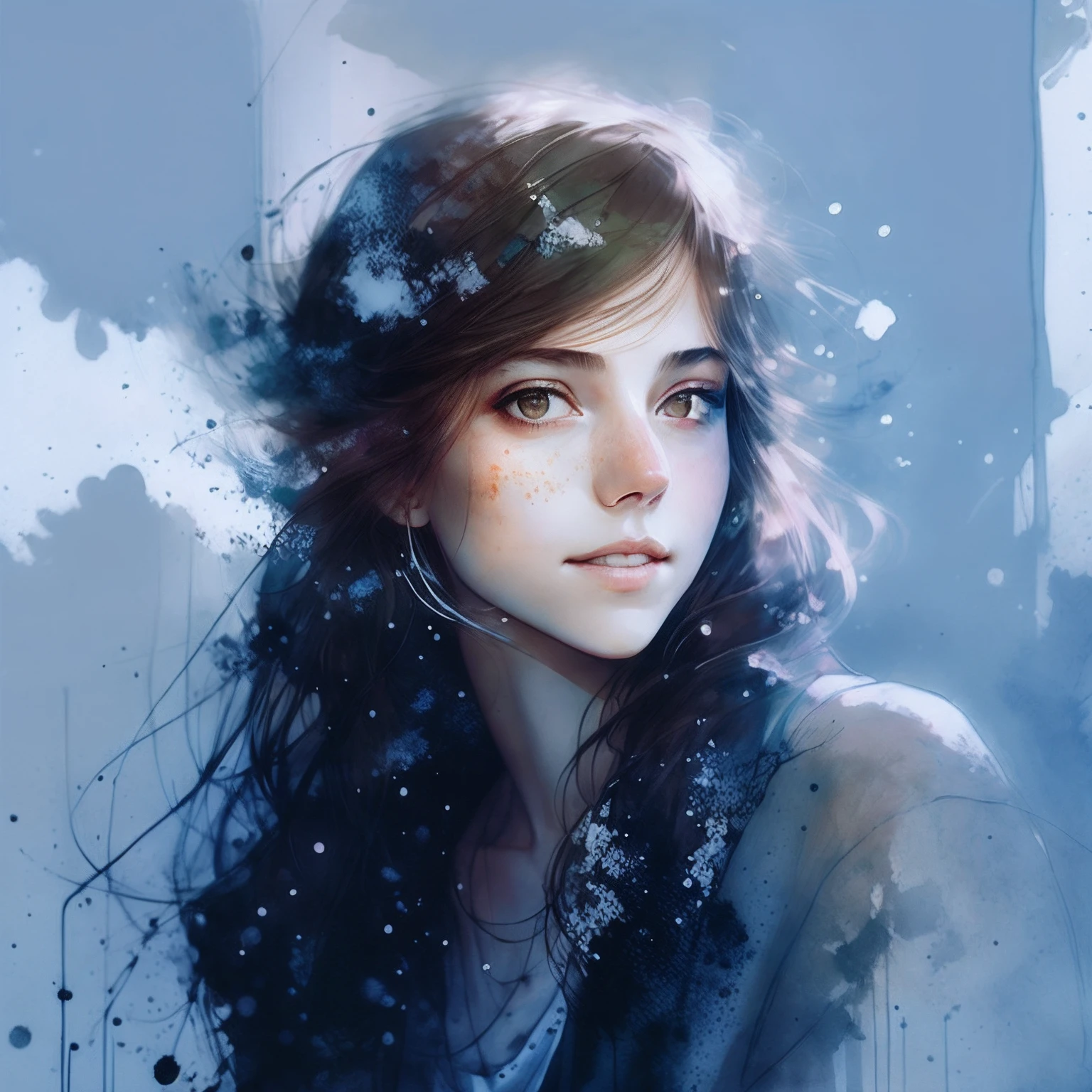 one-girl,a woman by agnes cecile, Luminous design, Soft lettuce, Ink Drip, Autumn lights,half-open lips,{ssmile:0.3},