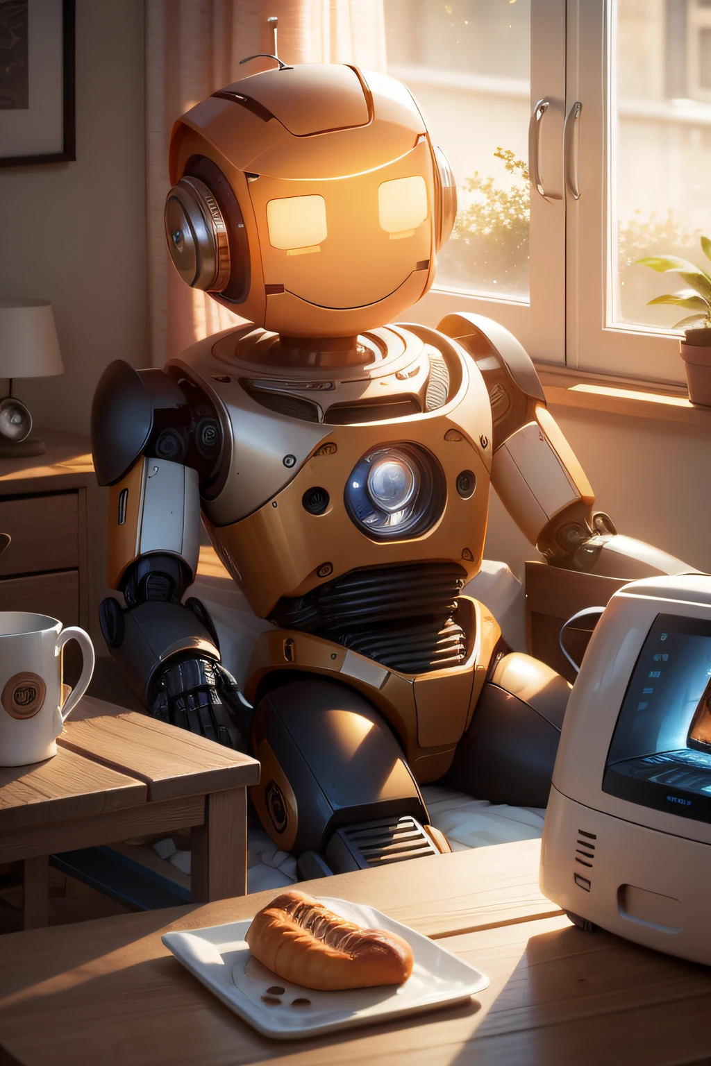 detailed picture, hendsome man in bed, morning, sun raises, near bed stand robot, who get hot coffe and croissanes, robot smiling,