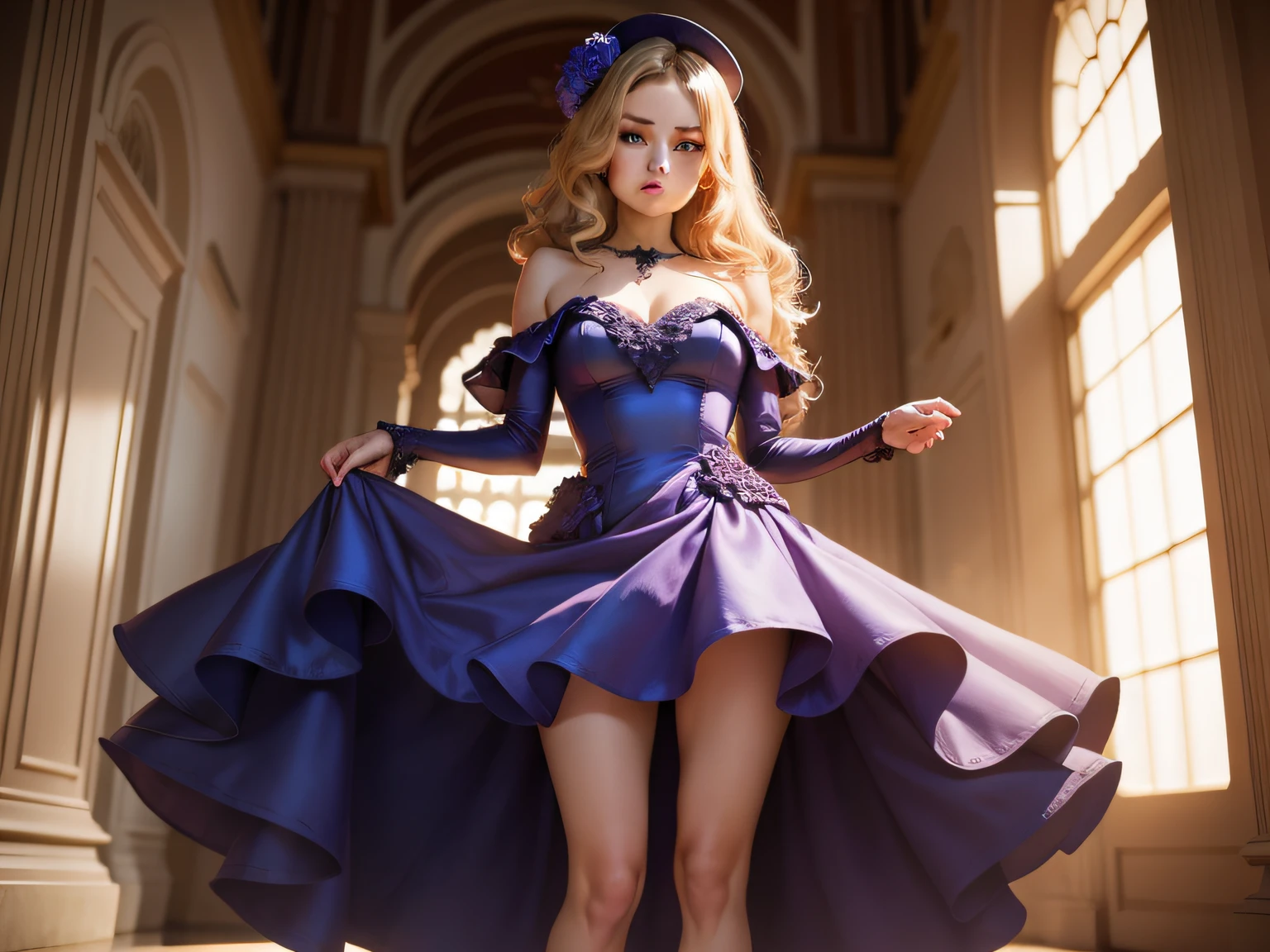 Pretty girl satin dress high heels standing victory pose