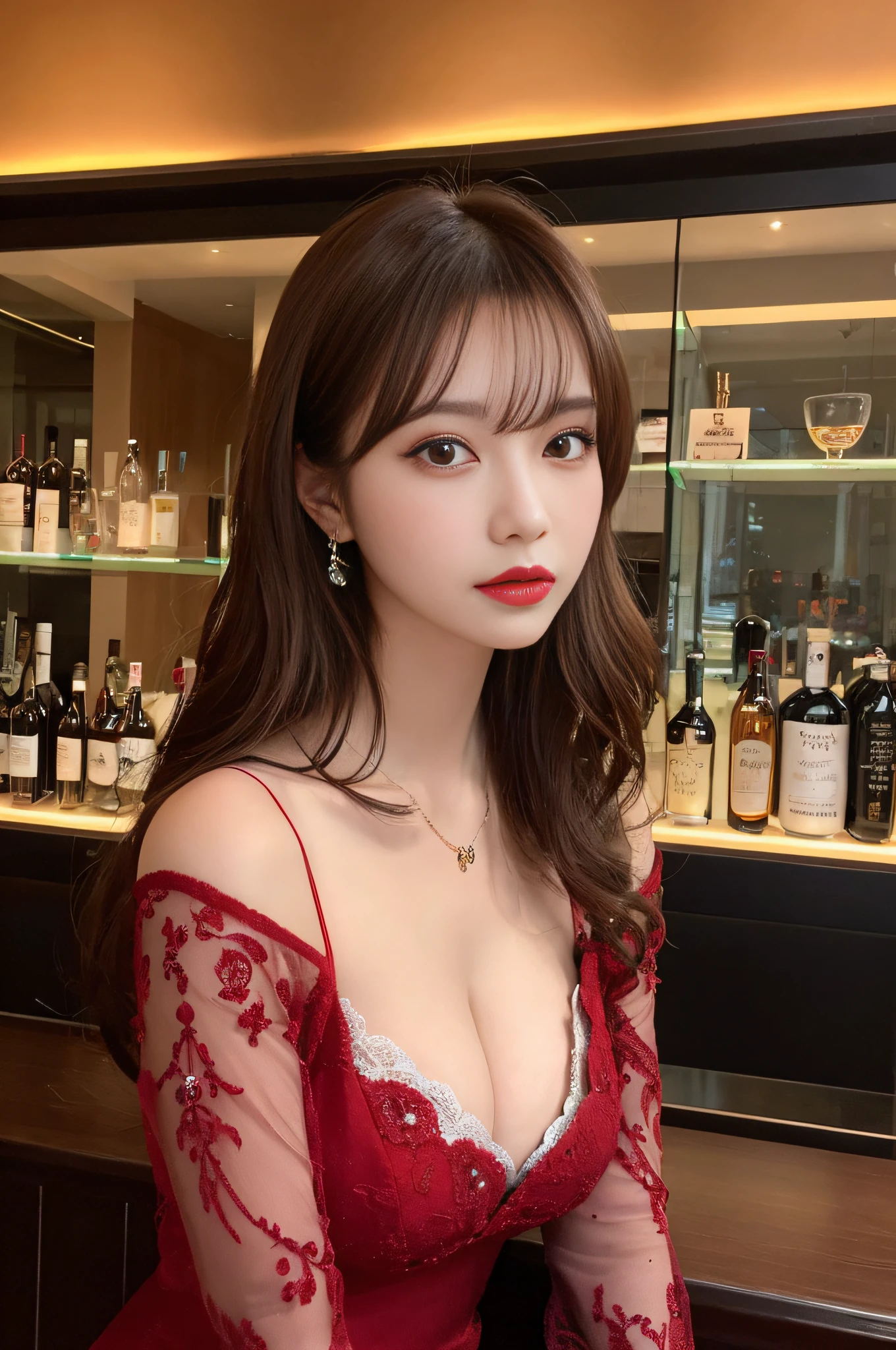 masutepiece, Best Quality, Illustration, Ultra-detailed, finely detail, hight resolution, 8K Wallpaper, Perfect dynamic composition, Beautiful detailed eyes, She is a hostess, Natural lip color, red gorgeous dresses , Full body, in a hostess bar, Sexy face, cleavage