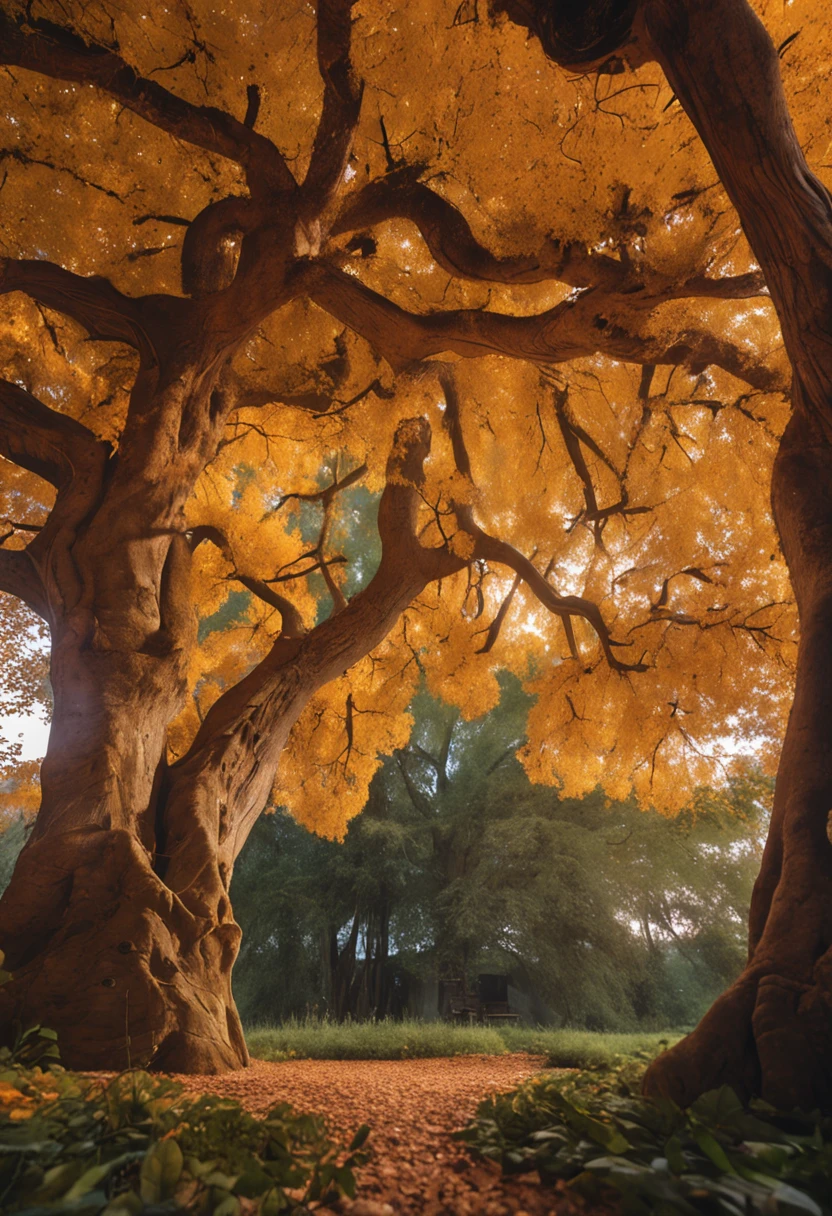 Image of a tall, leafy chestnut tree, with golden yellow and orange leaves, the chestnut tree is in the middle of an enchanted forest. Several children play under the chestnut tree, the children have happy faces