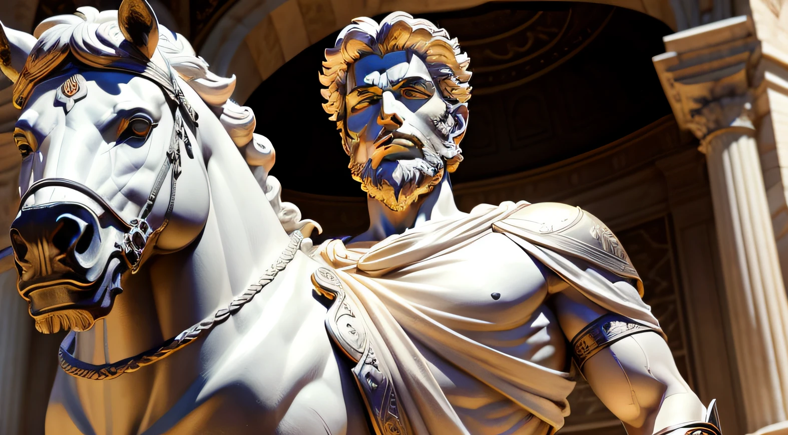 Stoic God Marcus Aurelius as a warrior, marmore branco estilo estatua, preto e branco realista, ultra detalhado