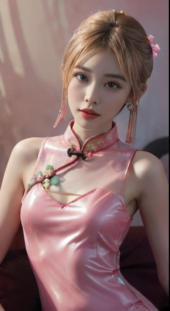 ((Top quality, 8K, Masterpiece: 1.3)), Solo, 1 girl, Sexy, Beautiful girl with accentuated slender abs: 1.4, (Flat breasts: 1.2), hyperdetailed face, Detailed eyes, Double eyelids, self-shot, (body builder:0.8),(Beautiful little hard head shade:1.5),(qipao dress, gorgeous chinese models, Cheongsam, Chinese dress, Chinese traditional, Chinese costume,Without chest pads:1.2,shiny dress:1.5,Transparent dress:1.5),(Spread legs:1.2),on the gold bed,(Shiny skin:1.2),(muscle arm:1.3),(muscle leg:1.3),(Lie down:0.8),necklace,(Earrings:1.3),(double bun hair:1.3), (two tone color hair:1.5,Blonde hair:1.1,Pink hair:1.2),(flashy jewels:1.3)