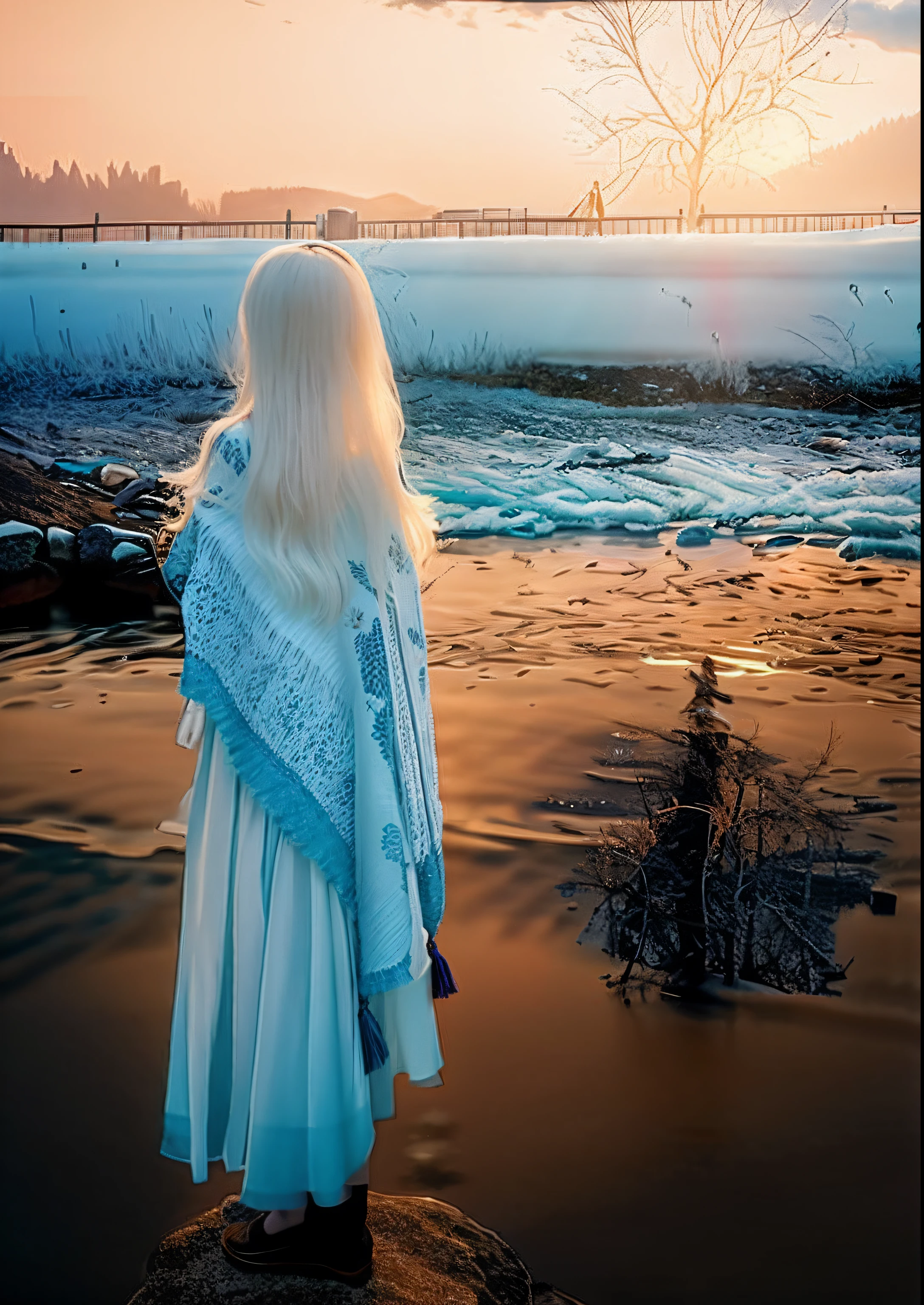 Araved woman holding blanket standing on a rock by the river, she is walking on a river, Long hair shawl, beside a river, standing next to water, Shawl, inspired by Kim Tschang Yeul, in an icy river, next to a small river, inspired by Lü Ji, near a river, Bohemian poncho and maxi dress