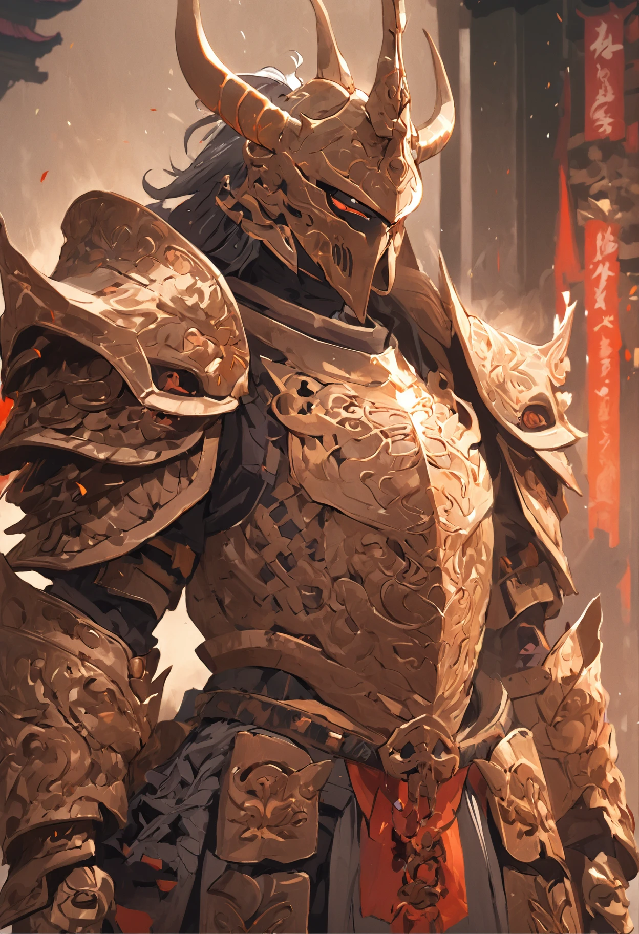 Guerrero, concept-art, author:Kishiganku, Fantasy art, Background of a Zen temple, clean render, United Nations, with armour, Detailed bushido forms smoke, helmet of a forgotten deity, character is standing, 8k realism, in game render, Detailed details of the face background, Art Station homepage, taur, Pseudo-medieval fantasy, A deity wearing koi armor, detailed bronze armor, Bronze armor, Engraved with gold armor, gold obsidian armor, Light gold armor, Gorgeous filigree armor, A demonic warrior, Gorgeous armor full of thorns, Assasin's intricate armor, Intricate metal armor, Guerrero is intimidating, Dressed in gorgeous gold armor,Decorated with intricate patterns, Helmet with a large crown and two horns, Everything against darkness, The smoky background hints at battle scenes, The man who gave him an ominous aura