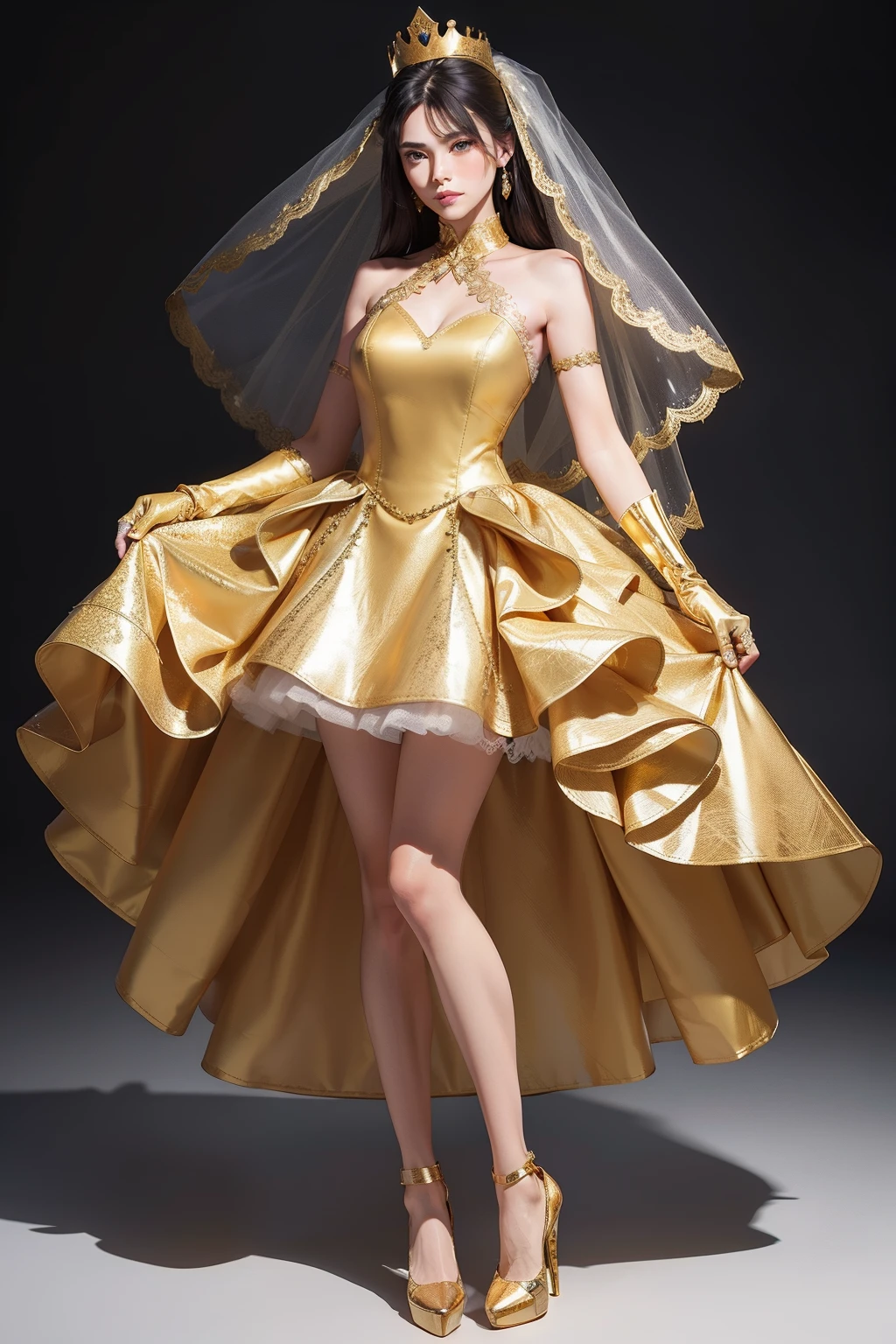 Dressed gloves, gold-leather bandeau wedding dress, women, full body depiction, patent leather elbow gloves, patent leather knee-length socks, gold crown, high heels, neck strap
