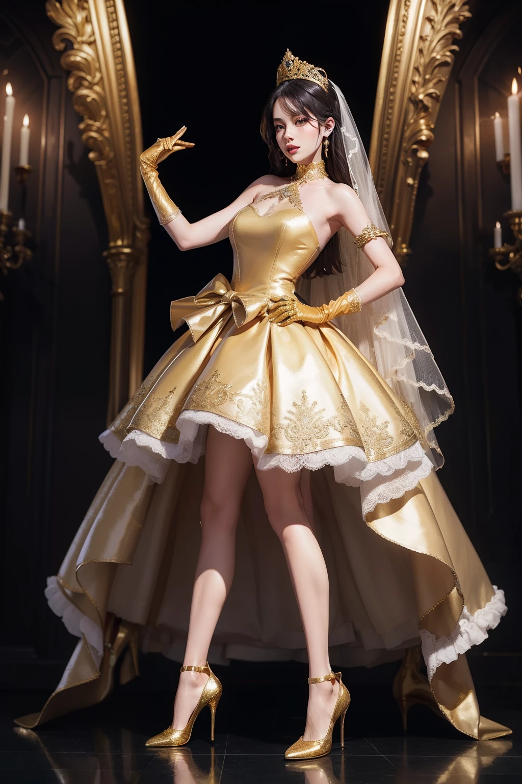 Dressed gloves, gold-leather bandeau wedding dress, women, full body depiction, patent leather elbow gloves, patent leather knee-length socks, gold crown, high heels, neck strap