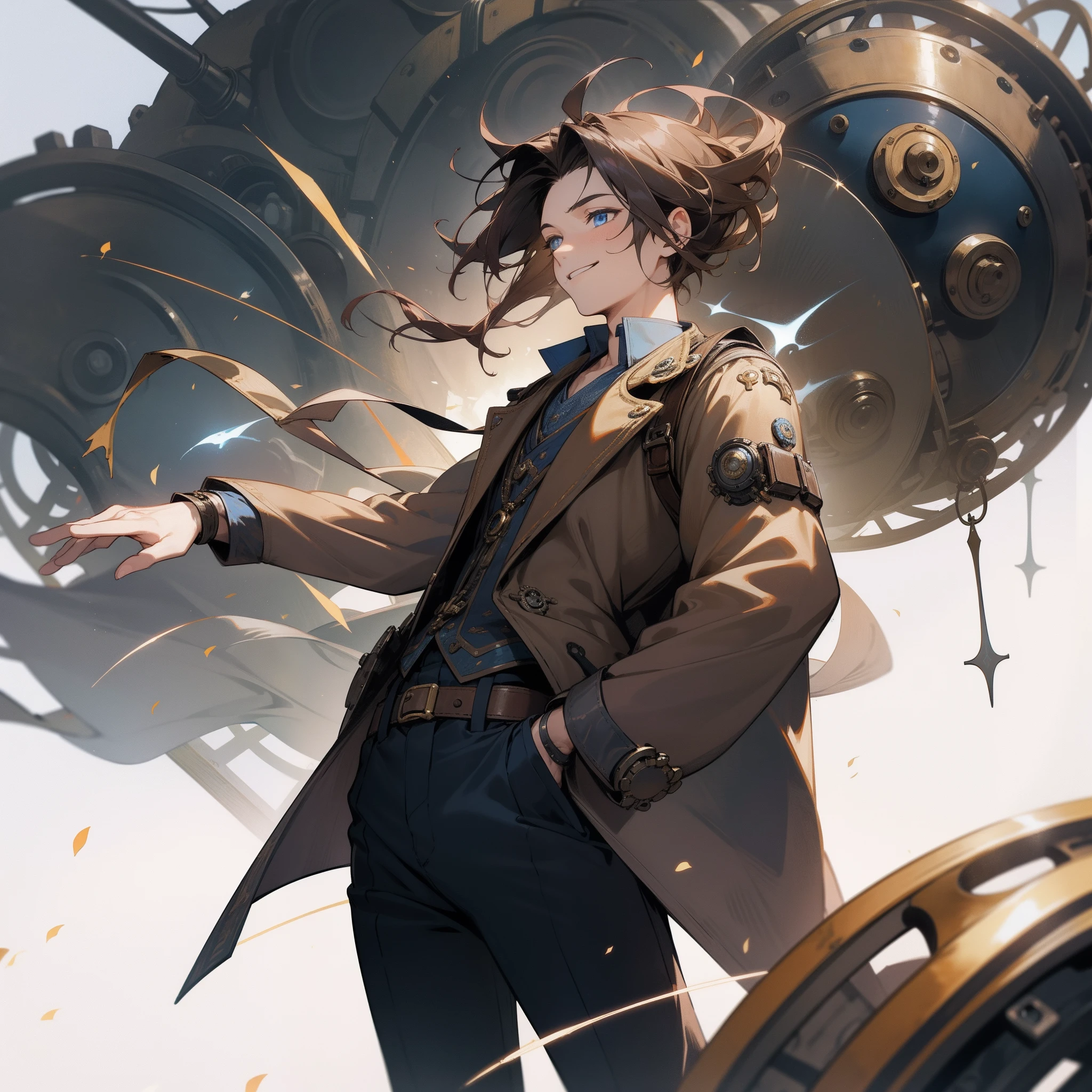 A confident and smiling boy,brunette color hair,Deep blue sparkling eyes,Wear steampunk-style clothes,Fluttering in the wind。Surrounded by various machinery,hands spread wide。