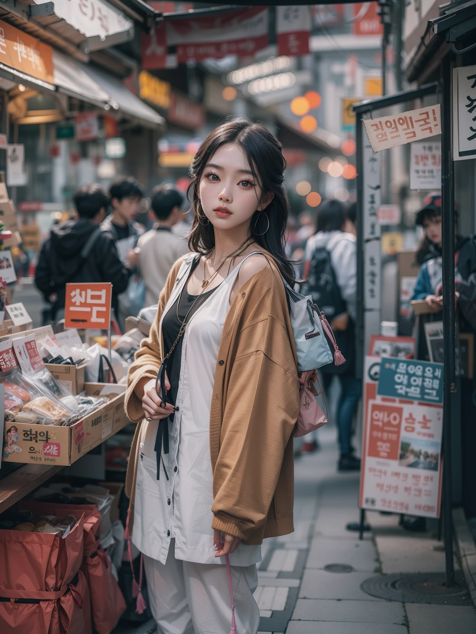 8k, Best Quality, (Beauty), High Definition, Realistic, Real Person, Woman Standing In Front Of Stall On Busy Street, Photo Inspired by Yu Mei, Unsplash Contest Winner, Realism, Korean Girl, Ulzo, Beautiful Korean Woman, Chinese Girl, Popular Korean Makeup, Korean Women's Fashion Model, Popular Korean Makeup, Beautiful Young Korean Women, Japan street fashion, korean women, Japan streetwear