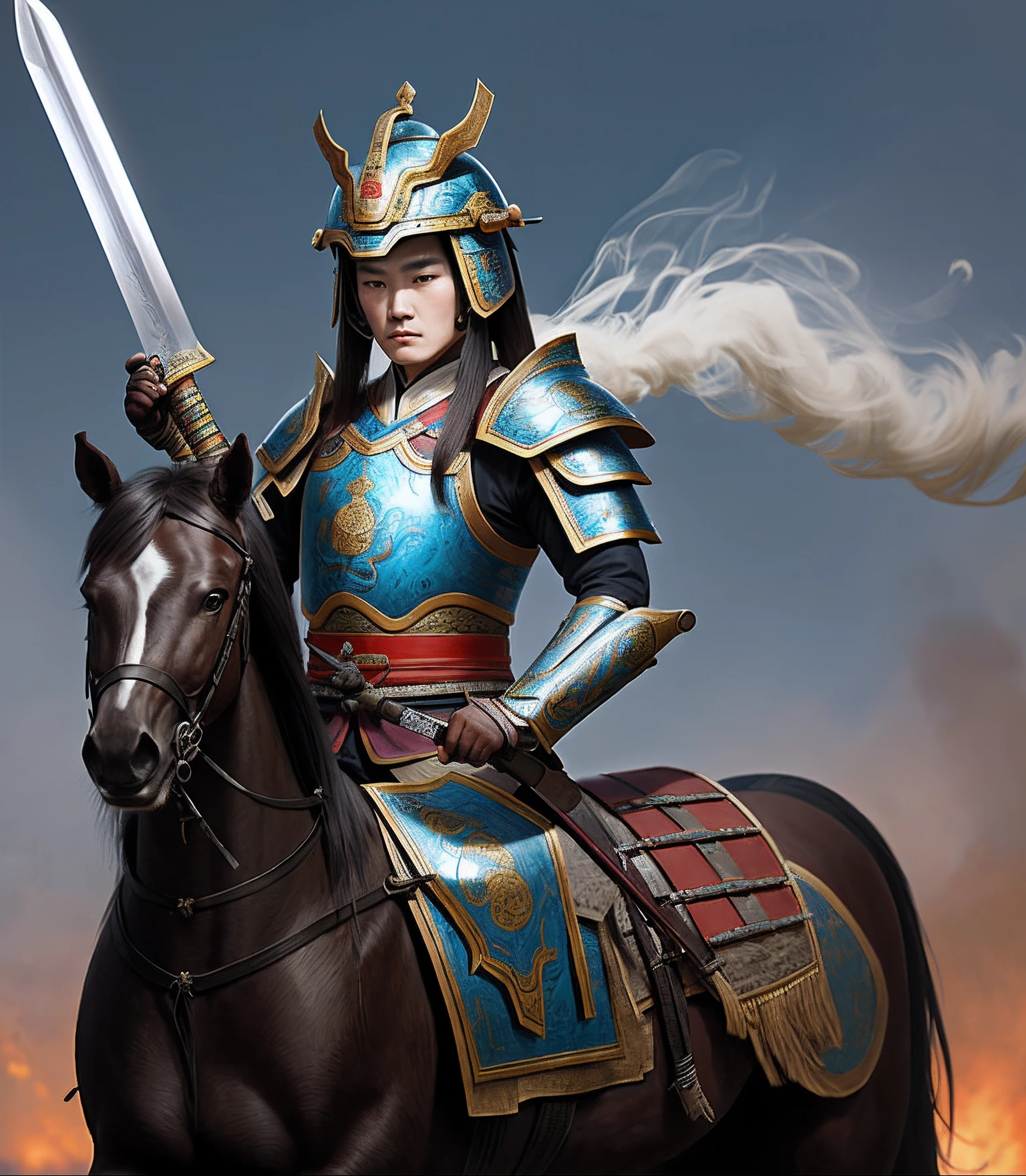 Song Dynasty armor，Chinese ancient style，femele，brunette color hair，mounted on a horse，The right hand holds a sword，The look is angry，Tie nails，Bohai helmet，long whitr hair，With their backs to millions of troops，dense smoke