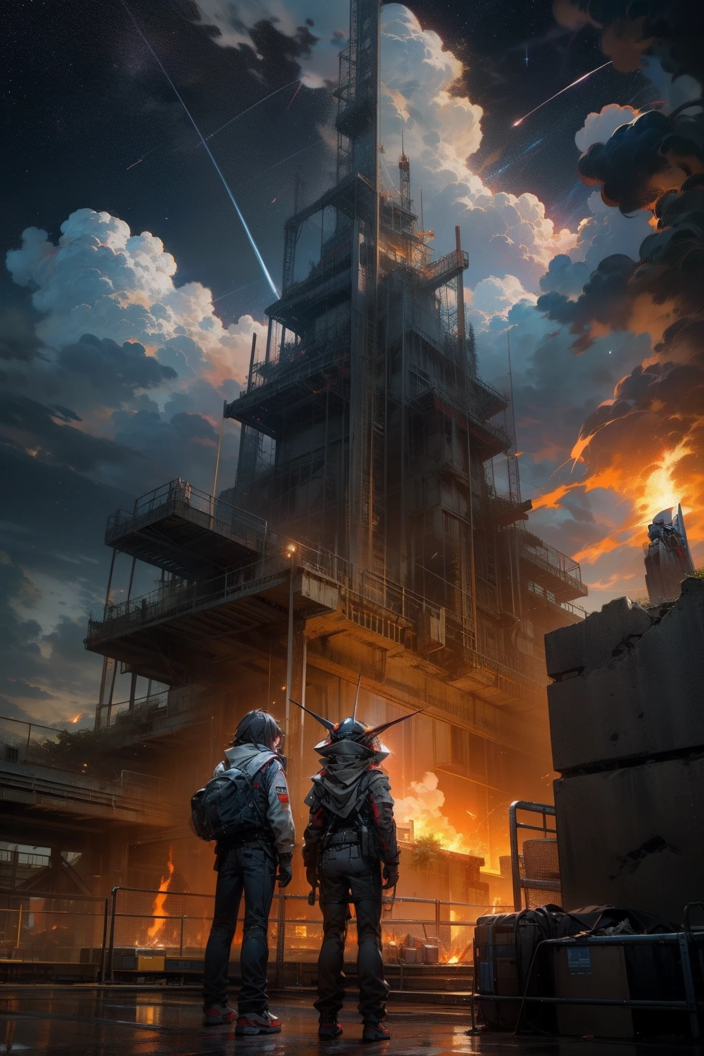 AI_Misaki, EpicSky,3d figure, standing, outdoors, multiple_boys, sky, cloud, night, cloudy_sky, fire, robot, star_(sky), scenery, starry_sky, science_fiction, ruins