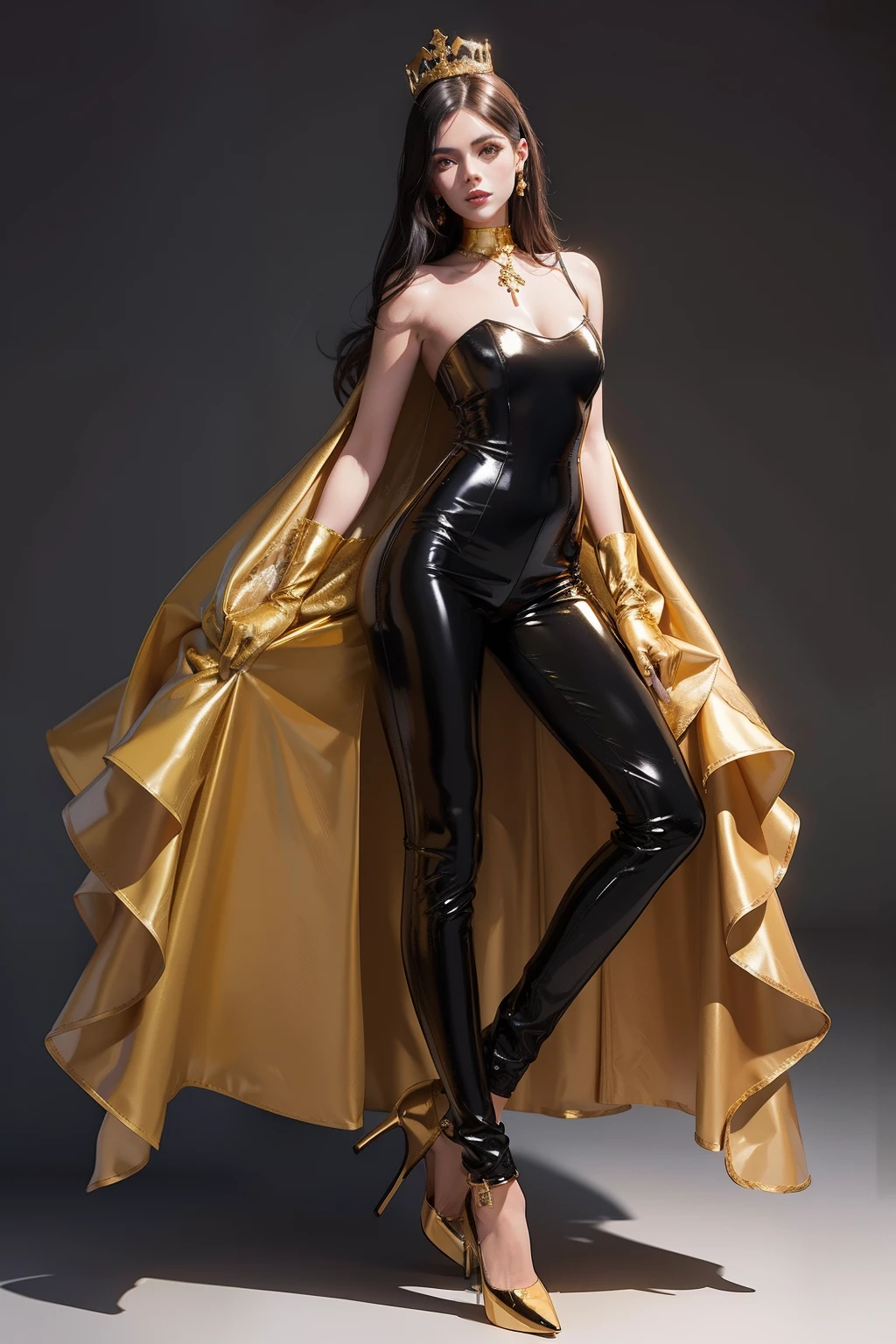 Gold-tone leather bandeau wedding dress Women's Full body depiction, patent leather jumpsuit gloves, patent leather over-the-knee socks, gold crown, high heels, neck strap