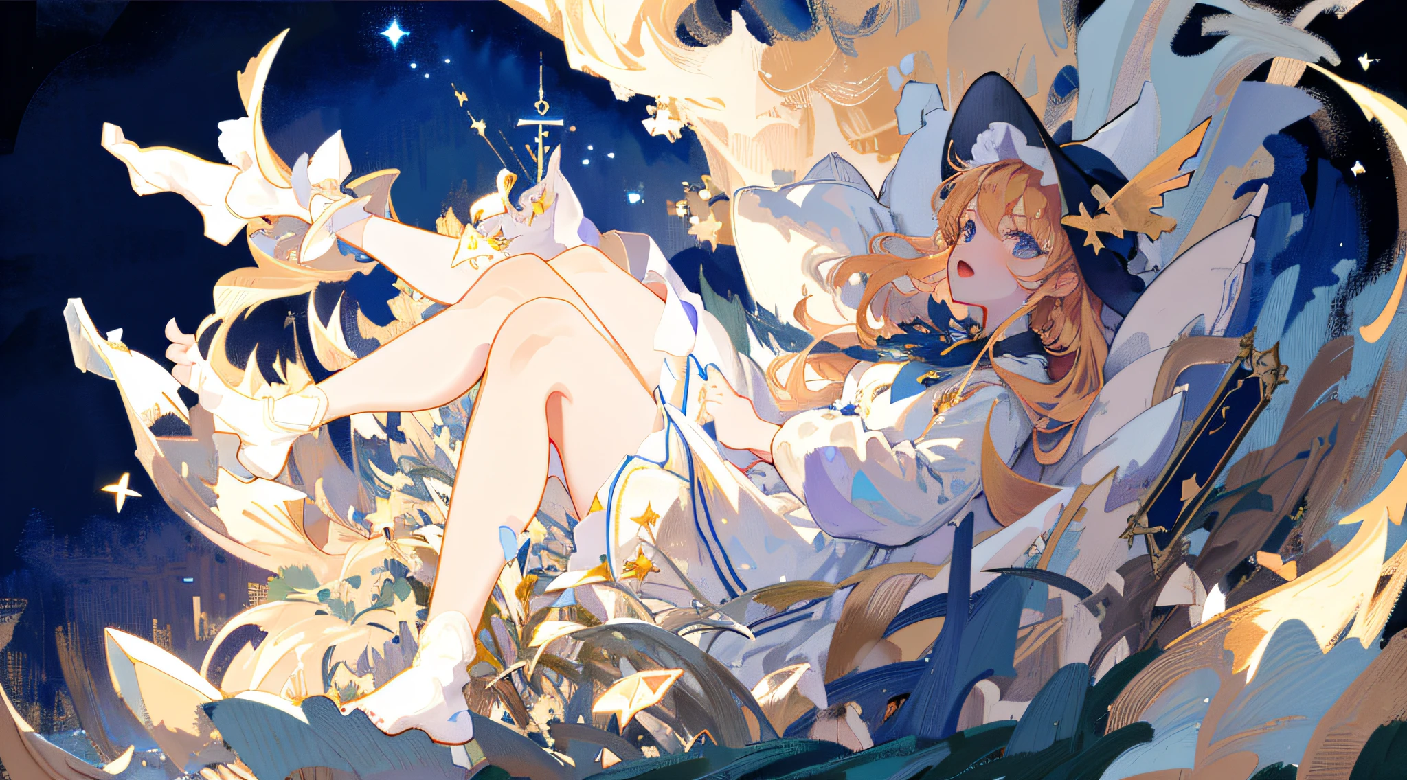 ((Masterpiece:1.2, Best quality)), 1girll, Solo, (Witch hat), Blonde hair, Long hair, dress, aurora, Night, Star (sky), mitts, sky, White dress, Night sky, Open mouth, Starry sky, Blue eyes, ribbon, Very long hair, Red dress, Smile, Hair ribbon, Cape, Blue hair, (Bird), magic, casting spell, Dark clouds, Night, (Impressionism:1.4), (tarot:1.3), Alphonse Mucha,