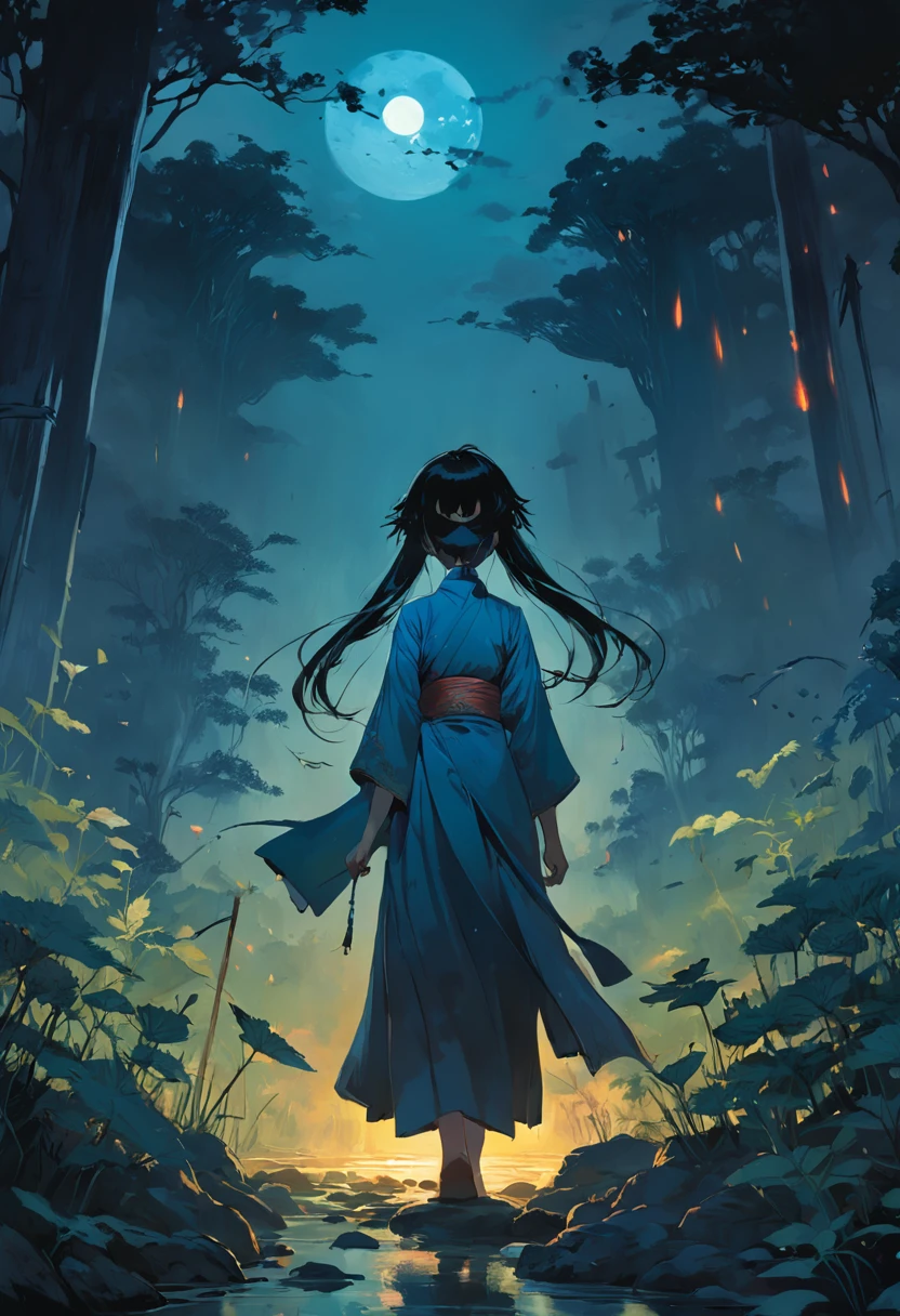The weeds swayed gently,Eerie light,Dark night,high high quality,fog atmosphere,(Chinese folk suspense supernatural comic style),High detail, Sharp focus, Dramatic,The art of painting by Midjourney and Greg Rutkowski, Bokeh on the background