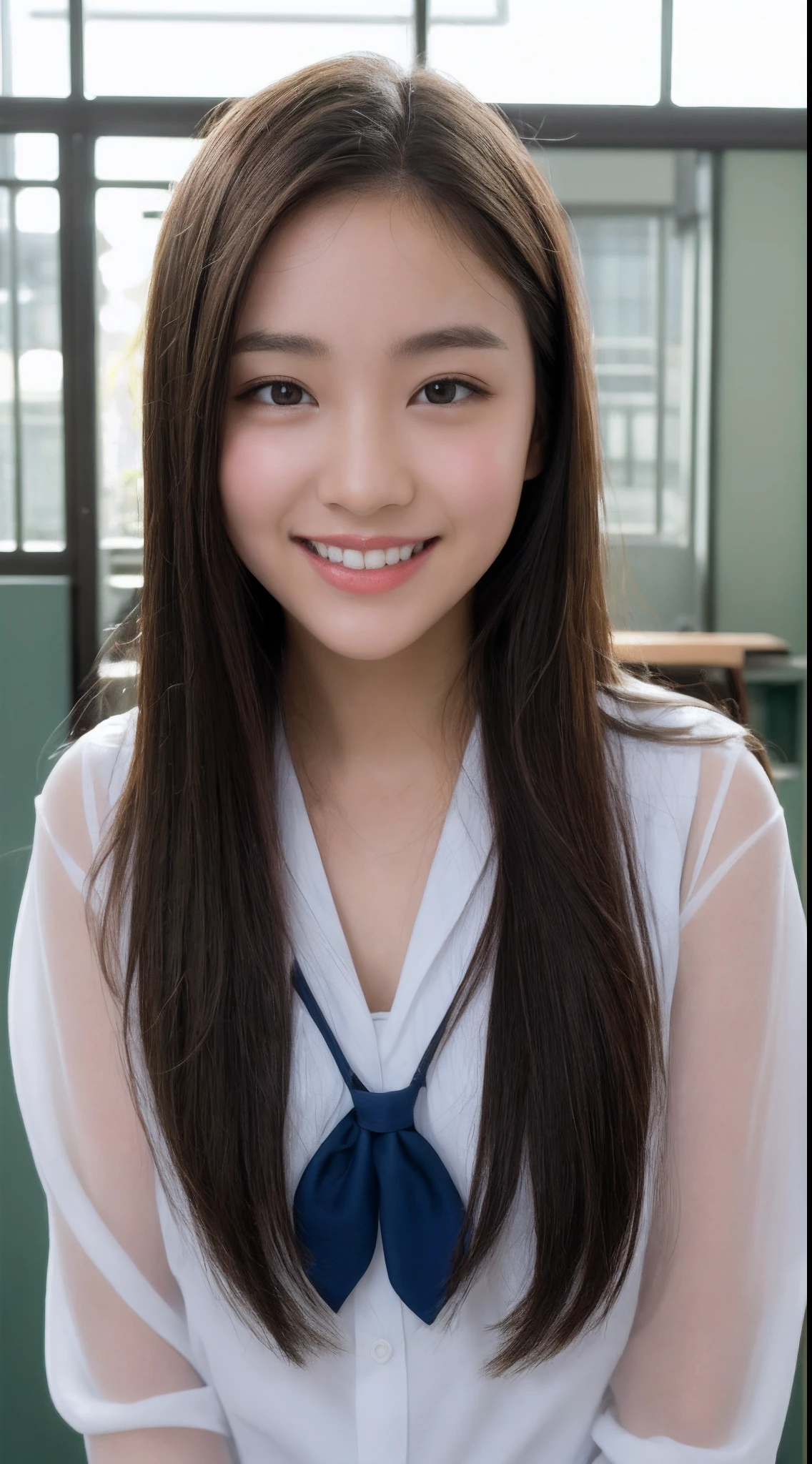 Very detailed 8k wallpaper)、foco nítido、in detail、Drama、Delicate and beautiful schoolgirl、17 age、Sheer white shirt、neck tie、Dark blue pleated micro mini、ligh brown hair、hair adornments、a smile、Peek at the viewer、Beautiful graphics、Bright school building、Full of students、School room、Show me your whole body、