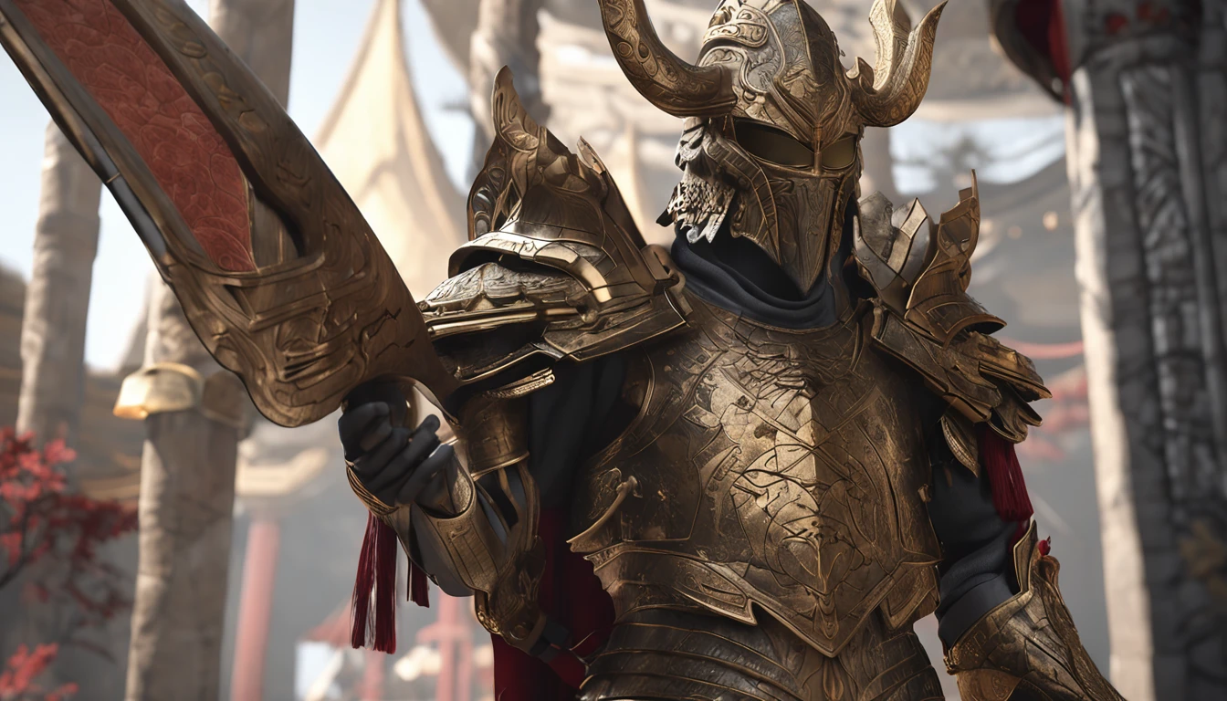 Guerrero, concept-art, author:Kishiganku, Fantasy art, Background of a Zen temple, clean render, United Nations, with armour, Detailed bushido forms smoke, helmet of a forgotten deity, character is standing, 8K realism, in game render, Detailed details of the face background, Art Station homepage, taur, Pseudo-medieval fantasy, A deity wearing koi armor, detailed bronze armor, Bronze armor, Engraved with gold armor, gold obsidian armor, Light gold armor, Gorgeous filigree armor, A demonic warrior, Gorgeous armor full of thorns, Assasin's intricate armor, Intricate metal armor, Guerrero is intimidating, Dressed in gorgeous gold armor,Decorated with intricate patterns, Helmet with a large crown and two horns, Everything against darkness, The smoky background alludes to battle scenes, The one who gave him an ominous aura