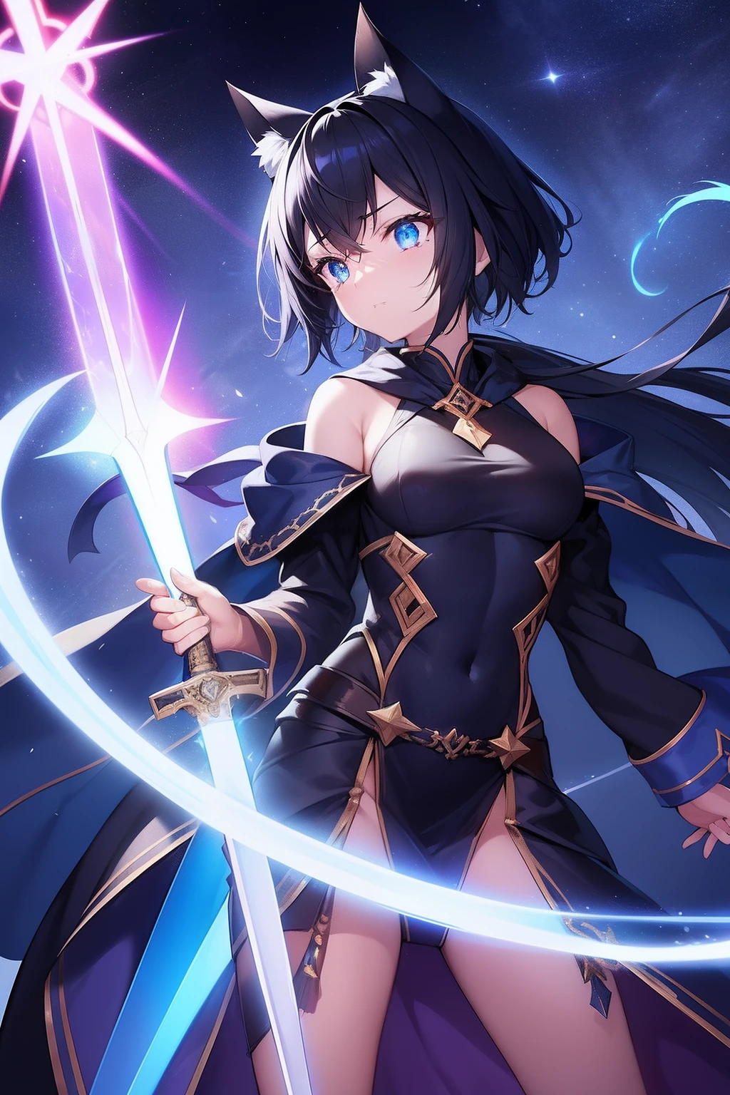 Cat's ears,hair is black and short,Goggles shine on her head,Her skin is pale, The figure of the priestess,whore,A blade of light enveloped me like a snake in interstellar wind,Unleash the Blade of Light, Highest Quality, Carry a red cloak with war maiden decorations,Raise the Devil's Rainbow Sword, ((sad))((Big tears)), 8 Blue Light Sword,Blade of Light,Lens Flare, Big rainbow,The moon shines,Star chips, bloom, ((Flame glow)), chromatic abberation], Digital Painting, Insane details, Intricate details, Beautifully color graded, Unreal Engine, Cinematic , colour grading, Editorial Photography , Photography, Photo Shot, Shot on 70mm lens, depth of fields, degrees of freedom, Tilt Blur, Shutter Speed 1/1000, h/22