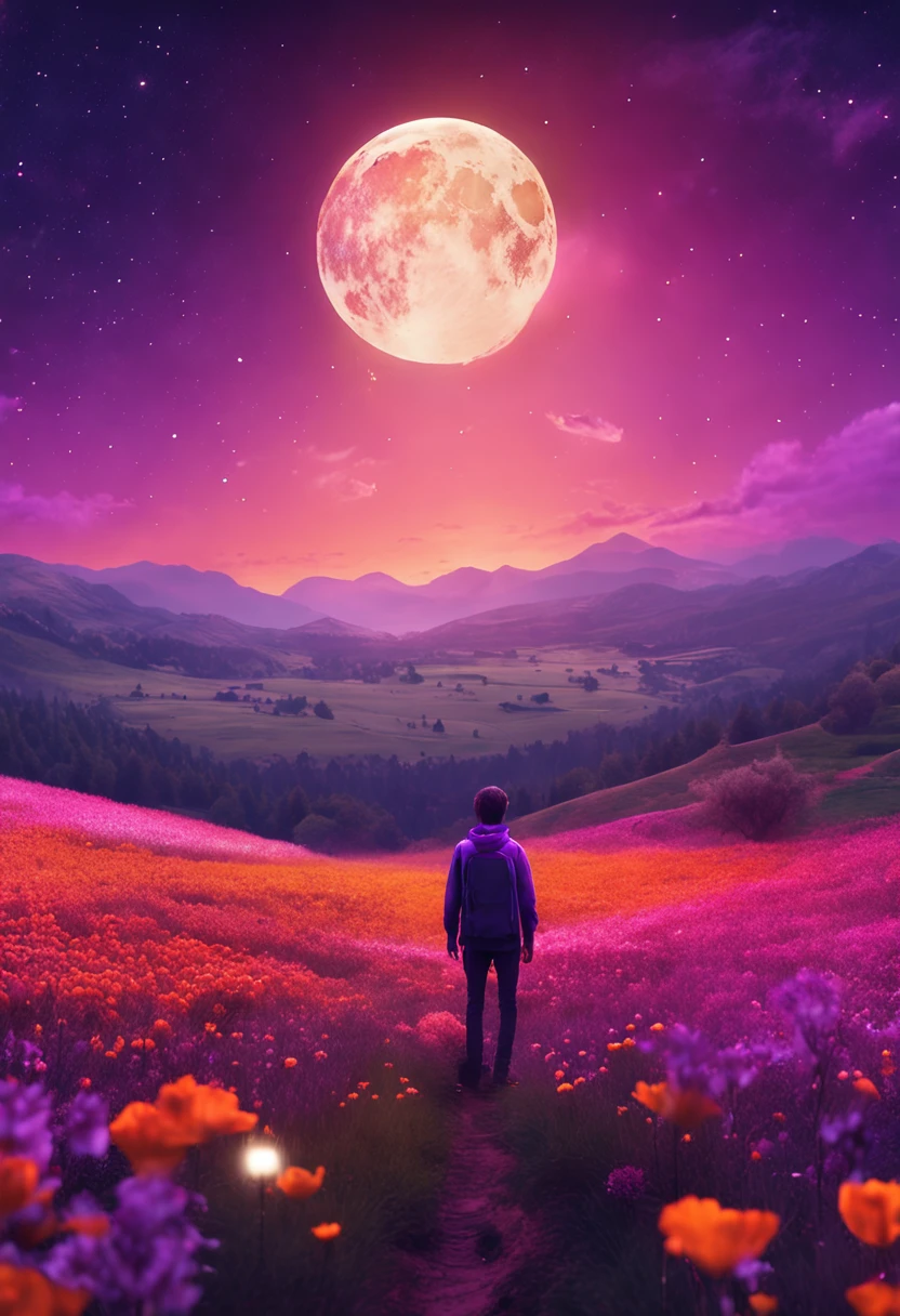 Vast landscape photos, (from below, the sky above, open fields below), a boy standing on a flower field looking up, (Full Moon: 1.2), (Meteor: 0.9), (Nebula: 1.3), Distant Mountains, Trees BREAK Making Art, (Warm Light Source: 1.2), (Firefly: 1.2), Lamps, Lots of Purple and Orange, Intricate Details, Volumetric Lighting BREAK (Masterpiece: 1.2), (Best Quality), 4K, Ultra Detailed, (Dynamic Composition: 1.4), Detailed, Colorful, (Iridescent: 1.2), (Glow, Atmospheric Lighting), Dreamy, Fantastic, (Solo: 1.2)