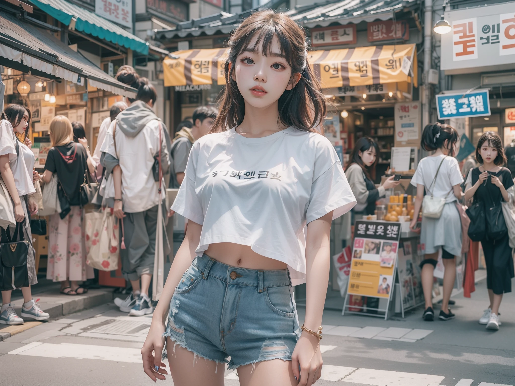 8k, top-quality, （pubic hair beauty）、hight resolution, realisticlying, realperson, Woman standing in front of a stall on a busy street、a picture inspired by Yuumei、Unsplash Contest Winner、真实感、a Korean girl、Ulzo、Beautiful Korean Woman、chinaese girl、Popular Korean Makeup、Korean Female Fashion Models、Popular Korean Makeup、Beautiful young Korean woman、Street fashion in the streets of Japan、Korean Women、japanese streetwear、shortpants、T-shirt that exposes the belly