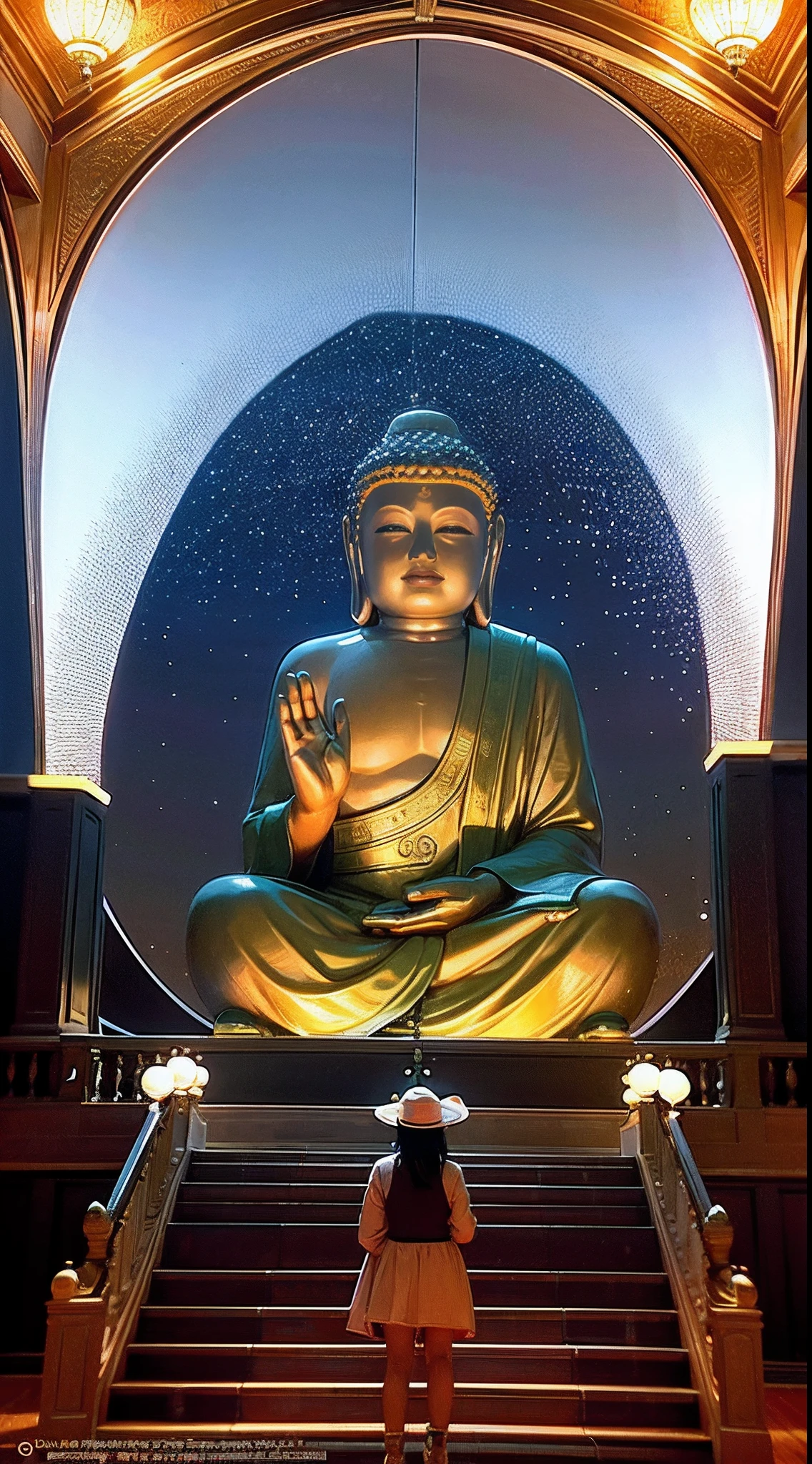 Maitreya, Maitreya Buddha, Maitreya, a large golden Buddha statue sitting in a room with a blue ceiling and a background of blue sky, clouds, above_clouds, airship, aurora, bridge, building, castle, chimney, city, city_lights, cityscape , clock, clock tower, clouds, cloudy sky, constellations, crescent, desert, earth_\(planet\), fireworks, floating islands, fountains, galaxies, glowing, houses, islands, lampposts, lanterns, light particles , galaxy, moon, mountain, night, night sky, no_humans, planet, landscape, meteor, sky, skyline, skyscraper, snow, snowing, space, star_\(sky\), star_\(symbol\), starry_sky, starry_sky_print, telescope, tower, town, twilight, ship