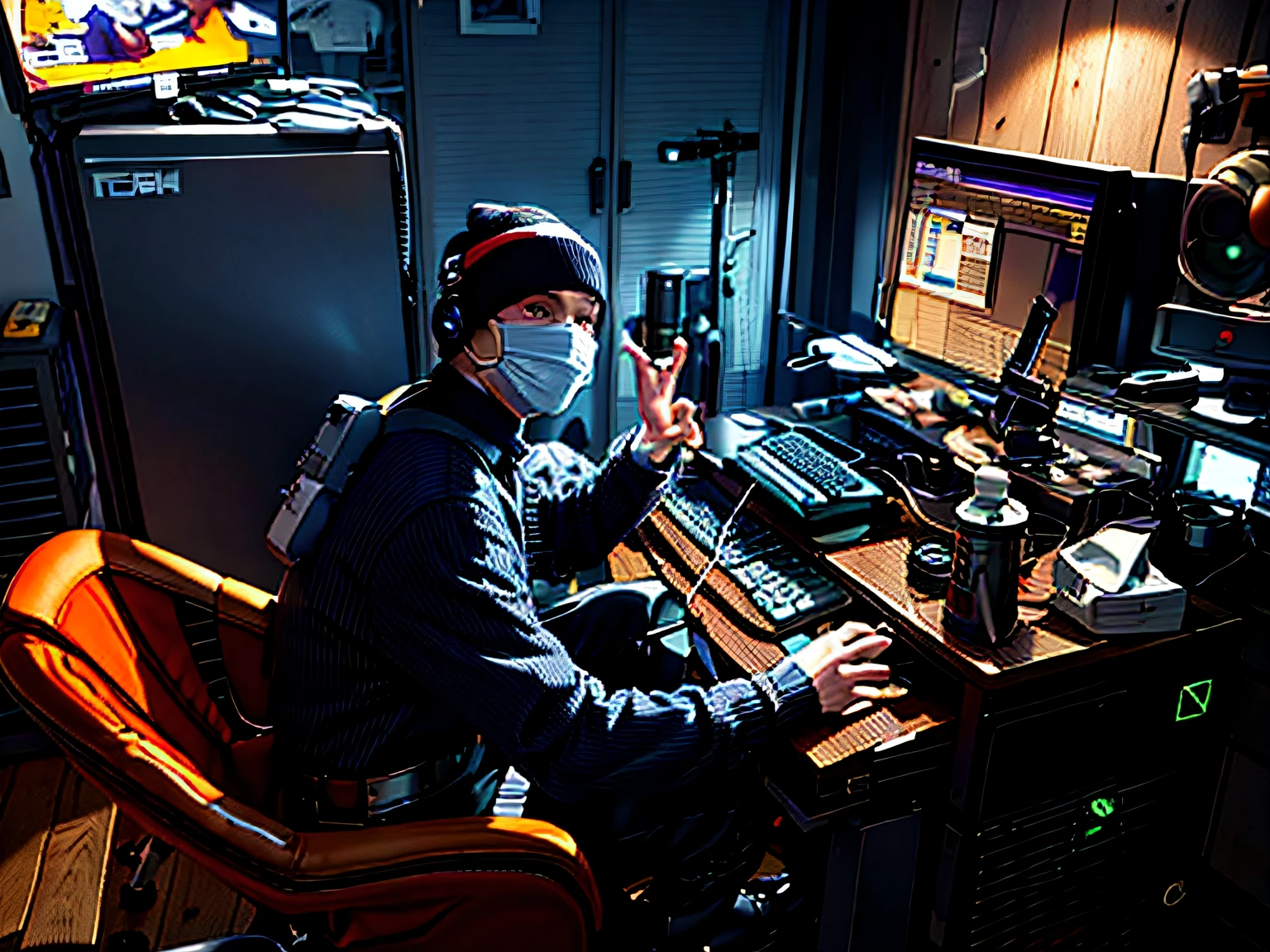 There was a man sitting at his desk,Holding a computer and a dog, twitch streamer / gamer ludwig, 8K!, in front of a computer, the robot wearing her human mask, twitch streamer, profile picture 1024px, in his basement studio, old man doing with mask, tending on art station, exclusive, Trunking Art Station